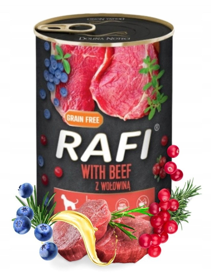 RAFI wet dog food with beef 24x400g GRAIN-FREE Dolina Noteci Packaging status original