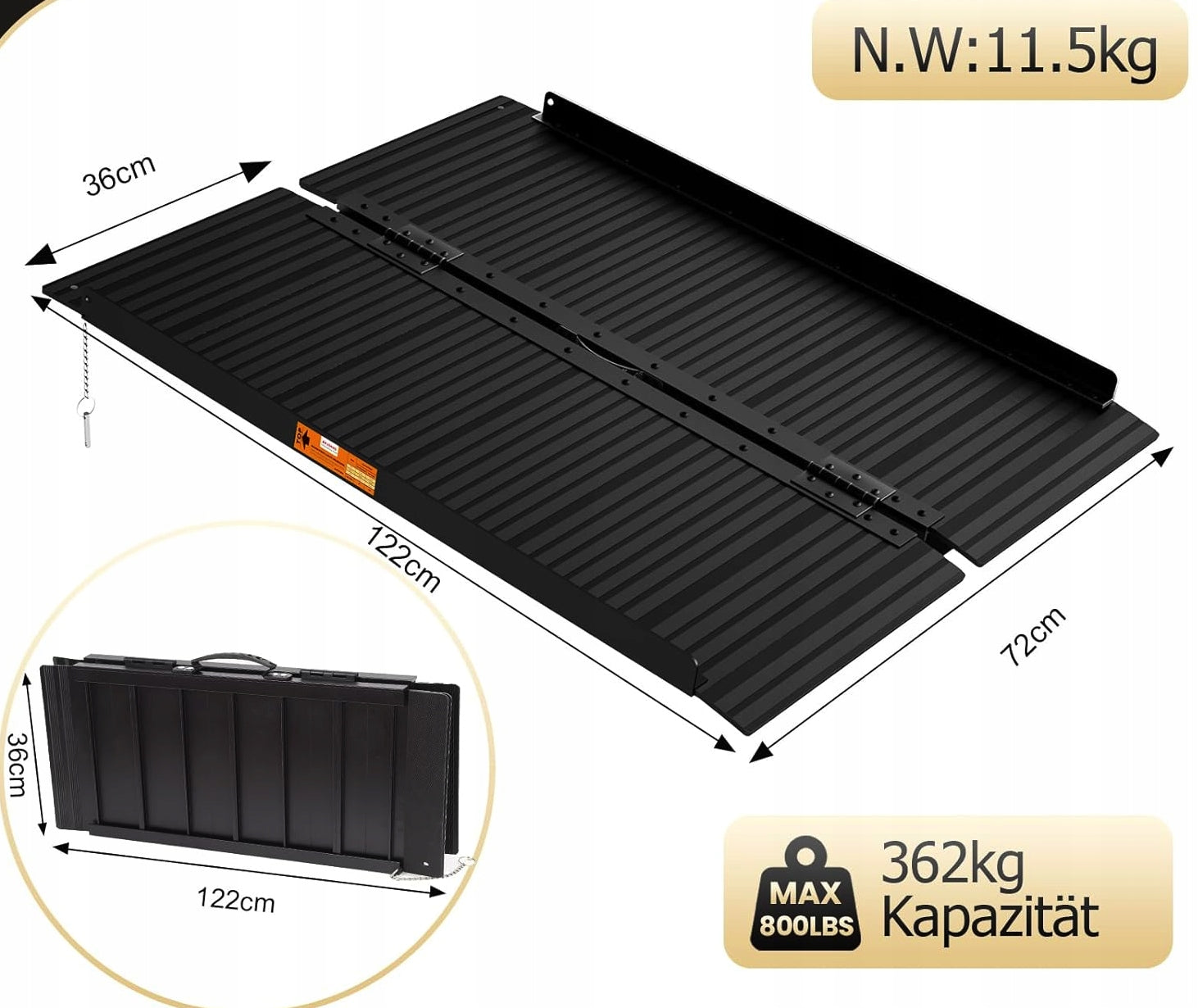 RAMP BLACK ALUMINUM WHEELCHAIRS BICYCLES MOTORBIKES 122X72 360KG Manufacturer code GDH122