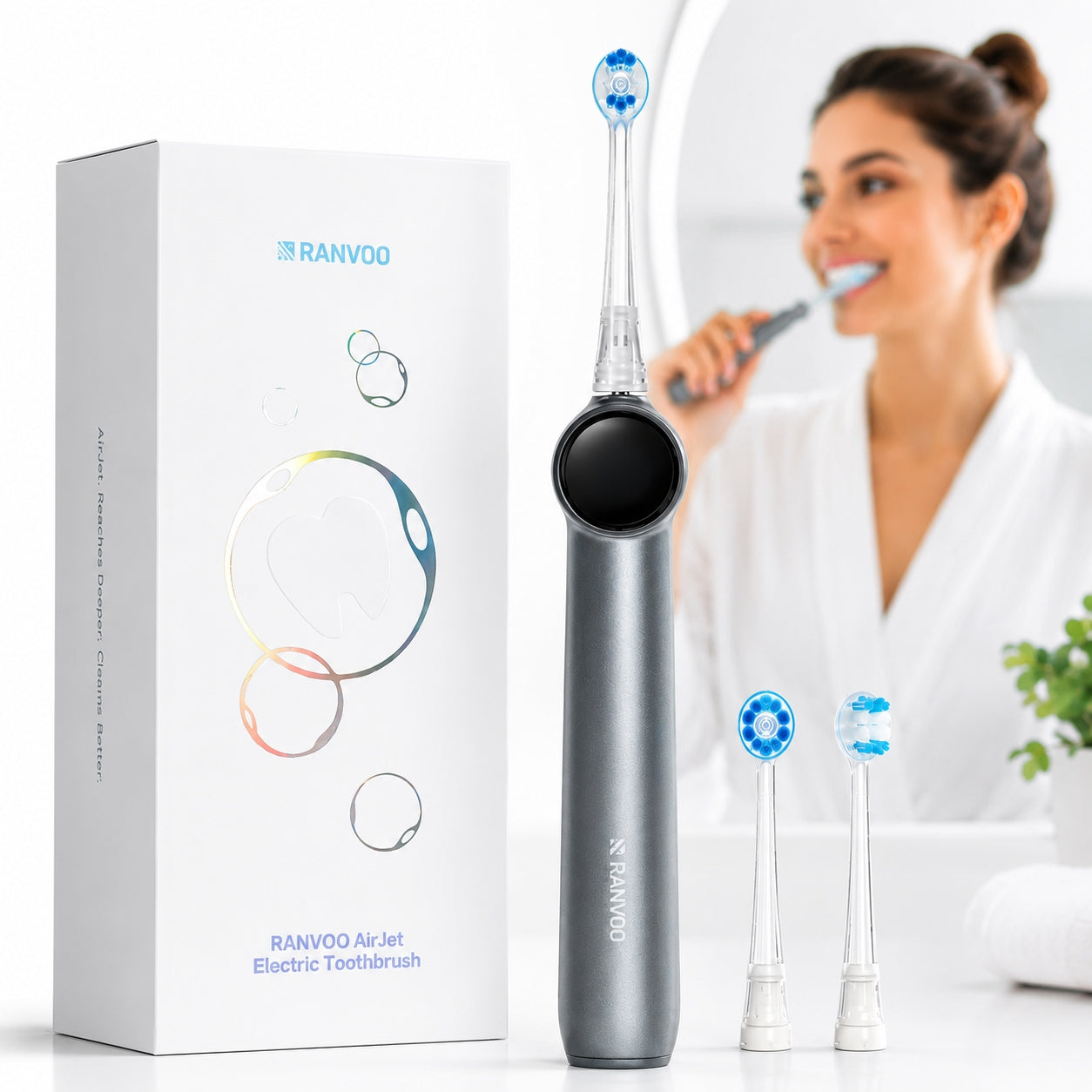 RANVOO AirJet Sonic Toothbrush Steel Blue 3 Tips
