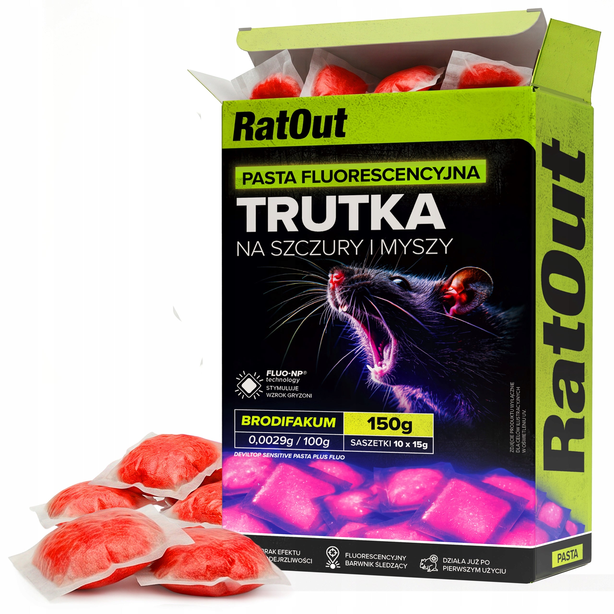 RAT POISON MICE RATOUT FLUORESCENT GLOWING UV BRODIFACOUM 150G Packaging status original