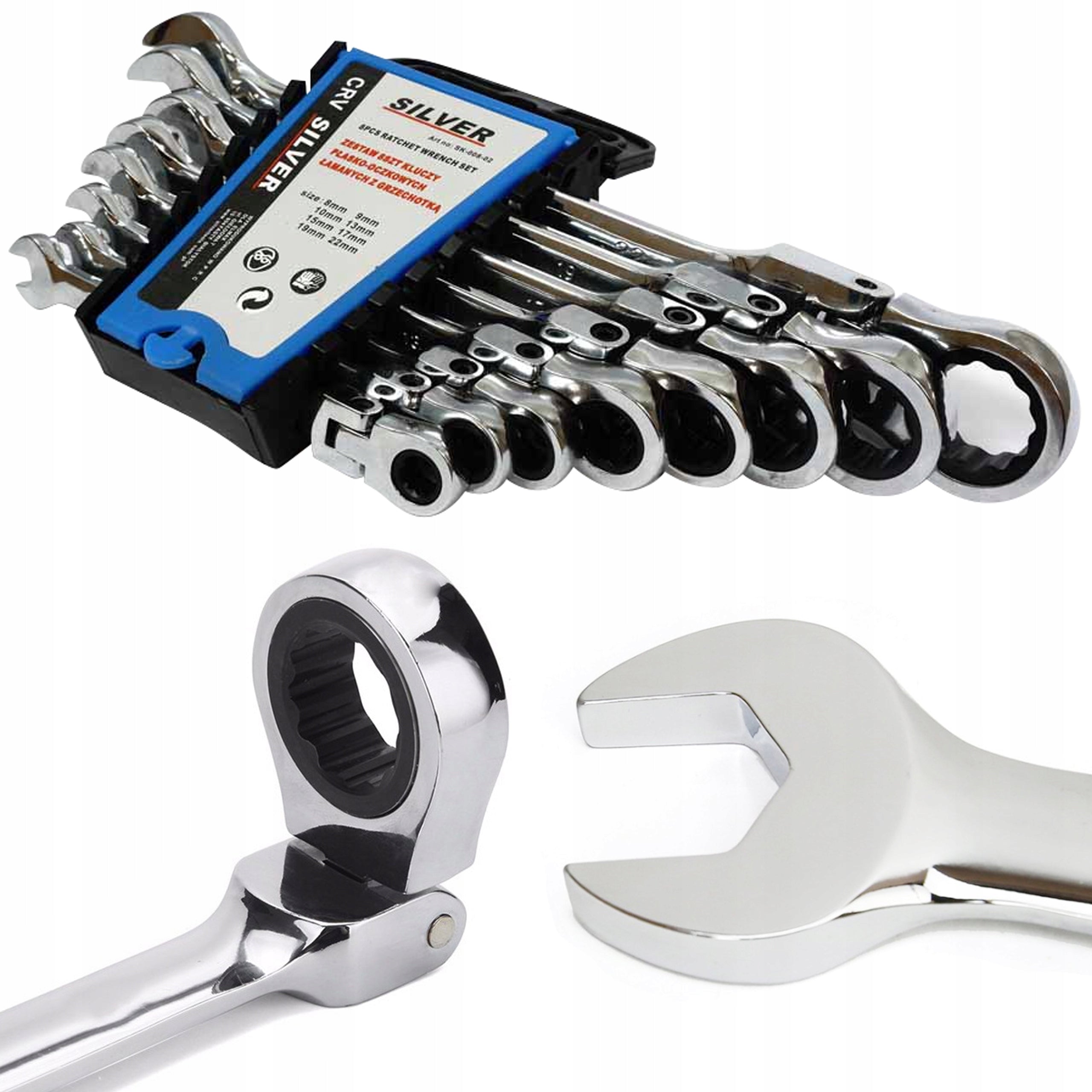 RATCHETING FLAT EYE WRENCHES BROKEN 8-22MM 8 PCS ARTICULATED STEEL CRV
