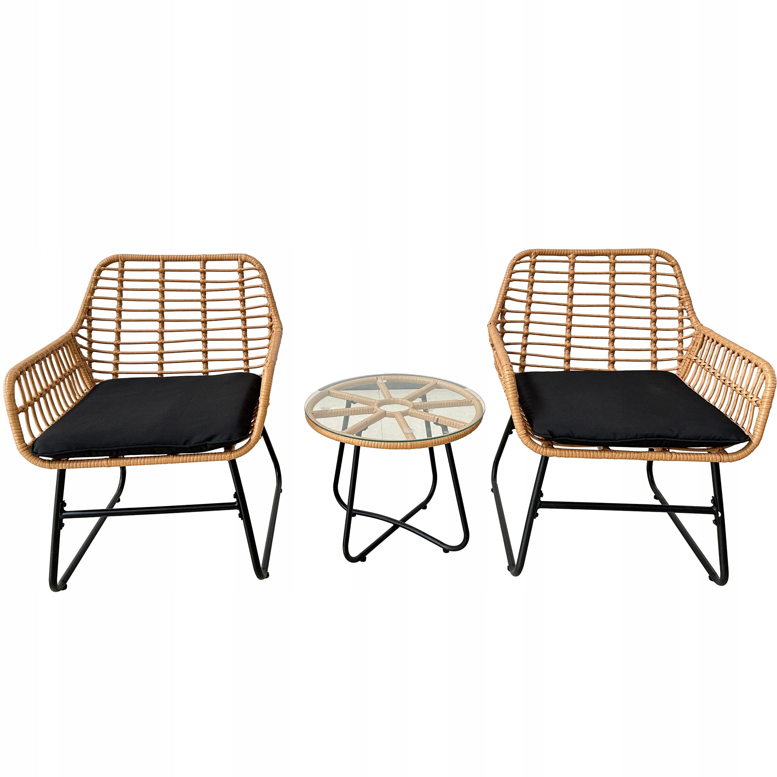 RATTAN GARDEN FURNITURE SET 2 CHAIRS TABLE STEEL GLASS CUSHION Color brown