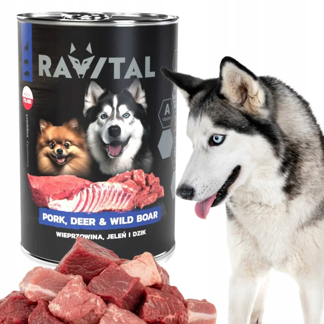 RAVITAL Wet dog food 68% meat 400g PORK, DEER, WILD BOAR, IMMUNITY