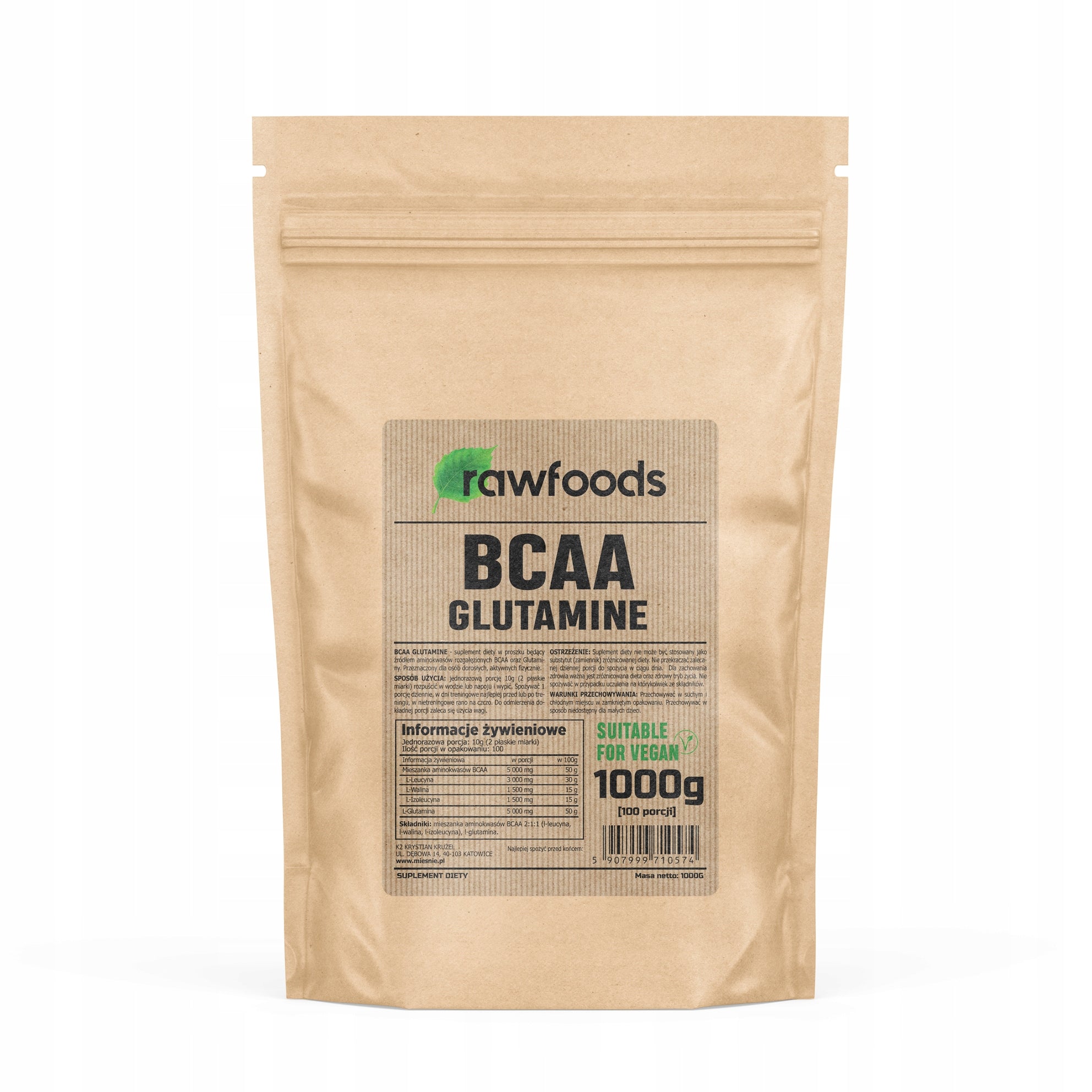RAWFOODS BCAA GLUTAMINE 1000G AMINO ACIDS GLUTAMINE ANTI-CATABOLIC NATURAL