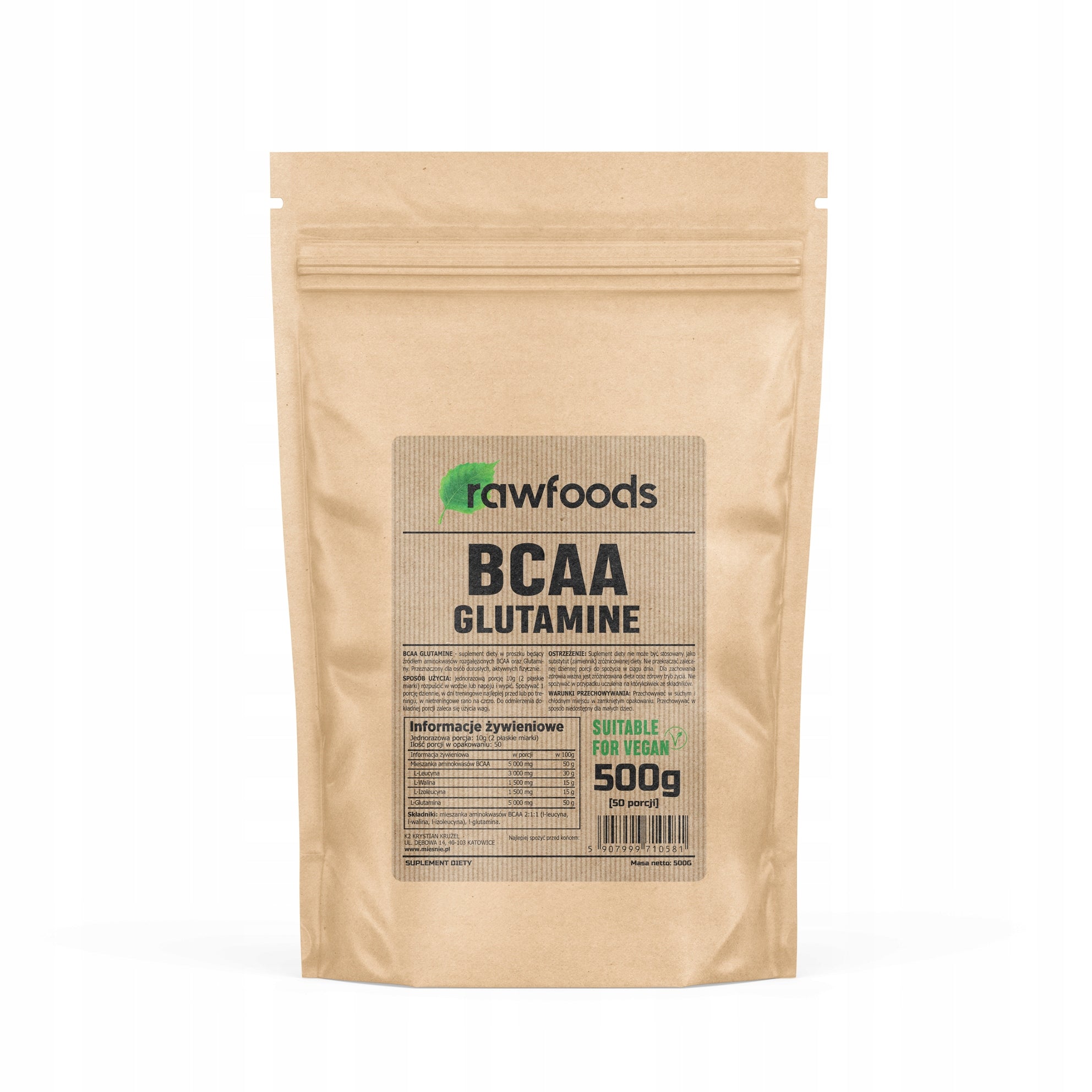 RAWFOODS BCAA GLUTAMINE 500G AMINO ACIDS GLUTAMINE ANTI-CATABOLIC NATURAL