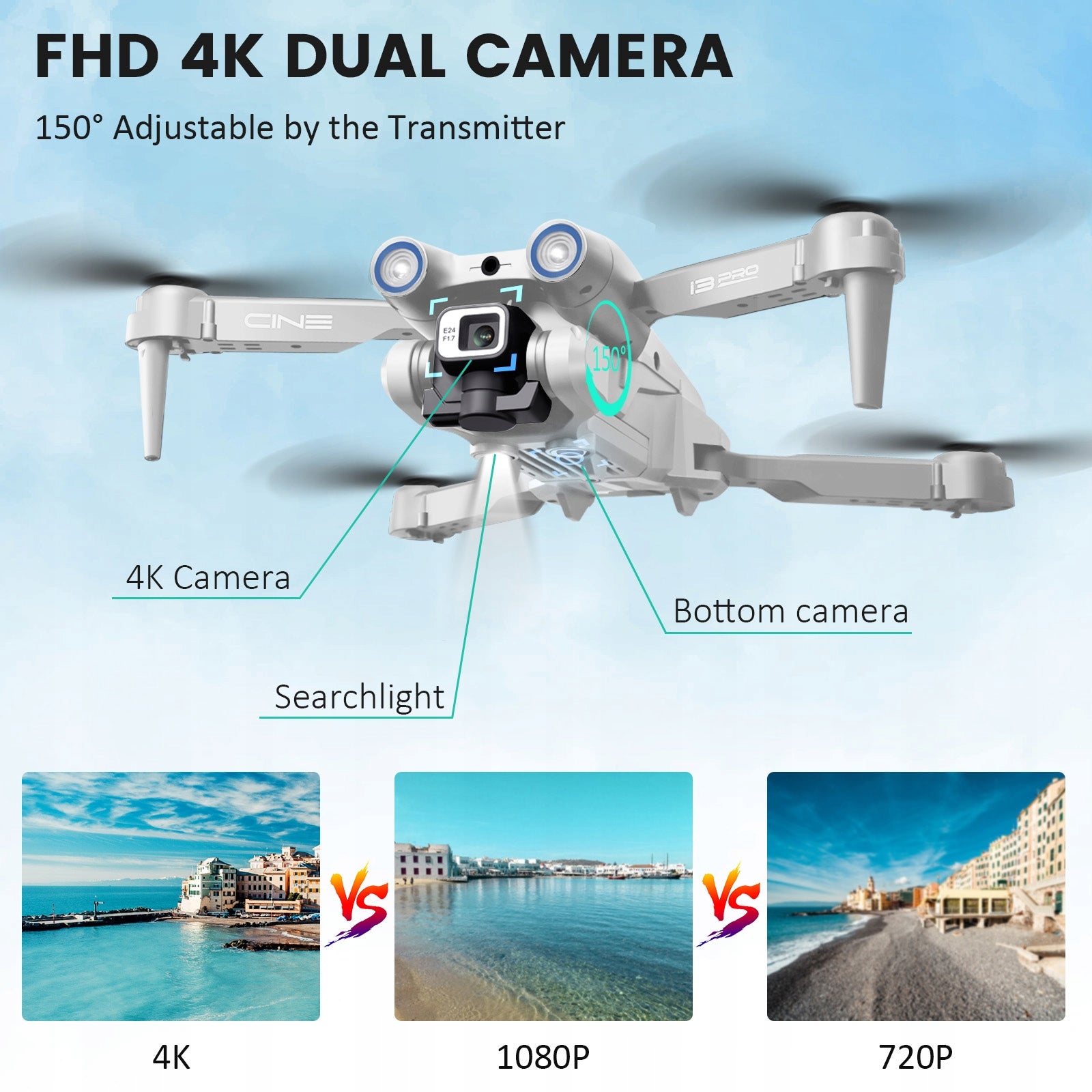 RC Drone i3 PRO 4K Aerial Photos HD Quadcopter Batteries included yes