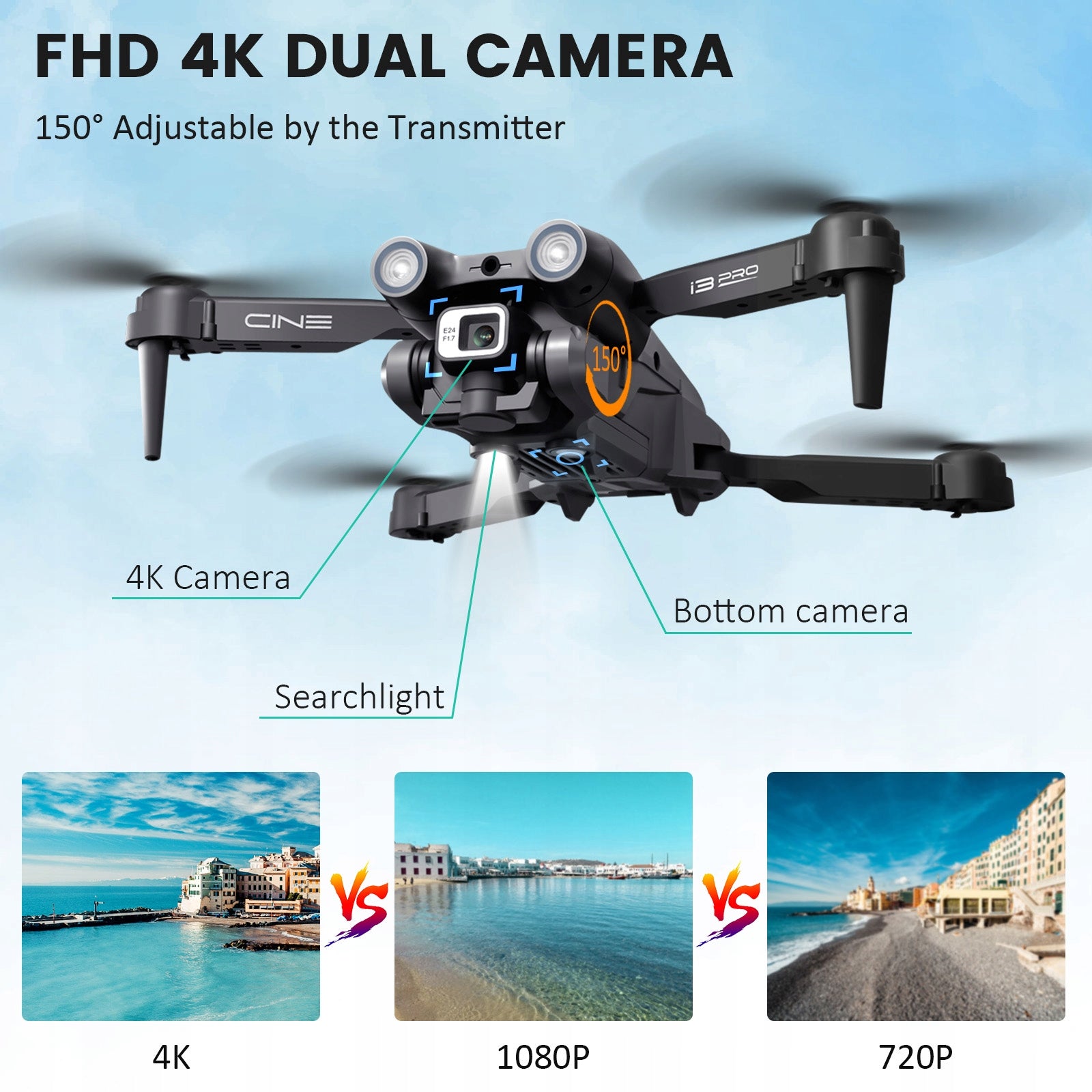 RC Drone i3 PRO 4K Aerial Photos HD Quadcopter Batteries included yes