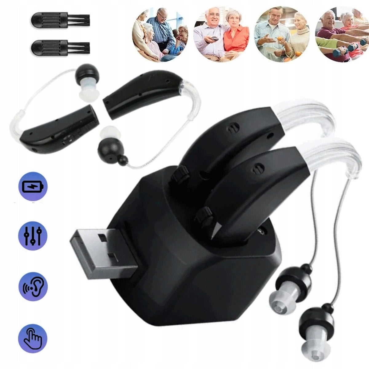 RECHARGEABLE HEARING AIDS WITH 12 EAR TIPS AND CHARGING STATION