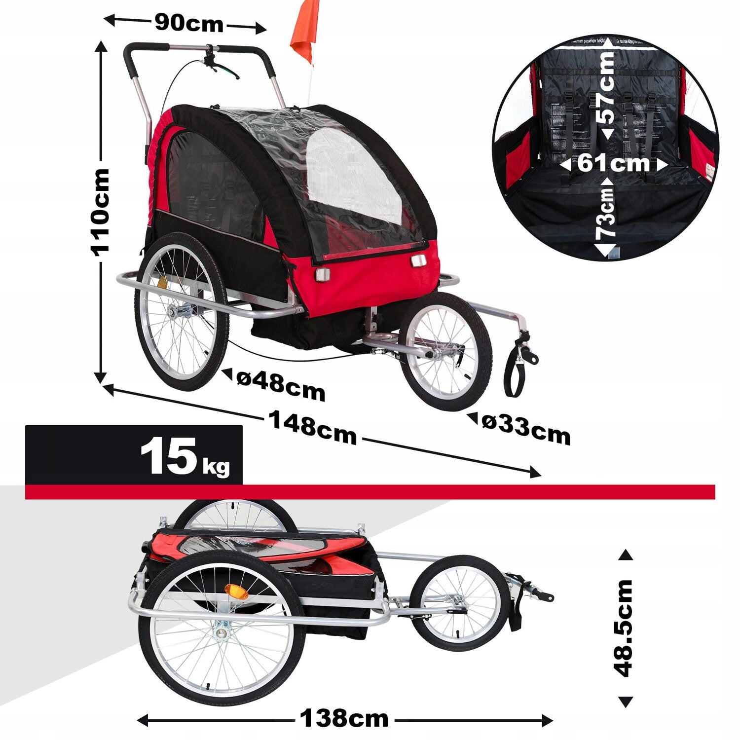 RED BICYCLE TRAILER / JOGGER 2in1 FOLDING BICYCLE TRAILER Number of seats 2