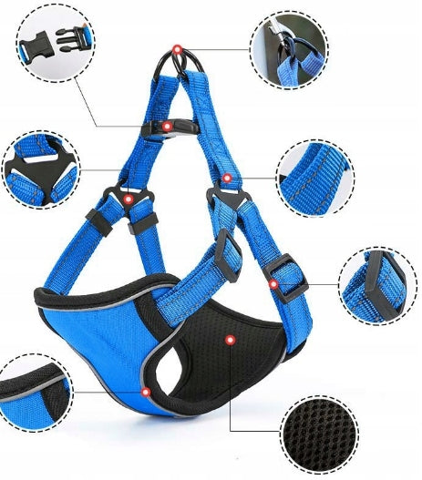 REFLECTIVE DOG HARNESS ADJUSTABLE DURABLE SIZE M + LEASH 120CM Trade name SZELKI DLA PSA MOCNE ODBLASKOWE REGULOWANE BEZUCISKOWE WYTRZYMAŁE ROZMIAR M