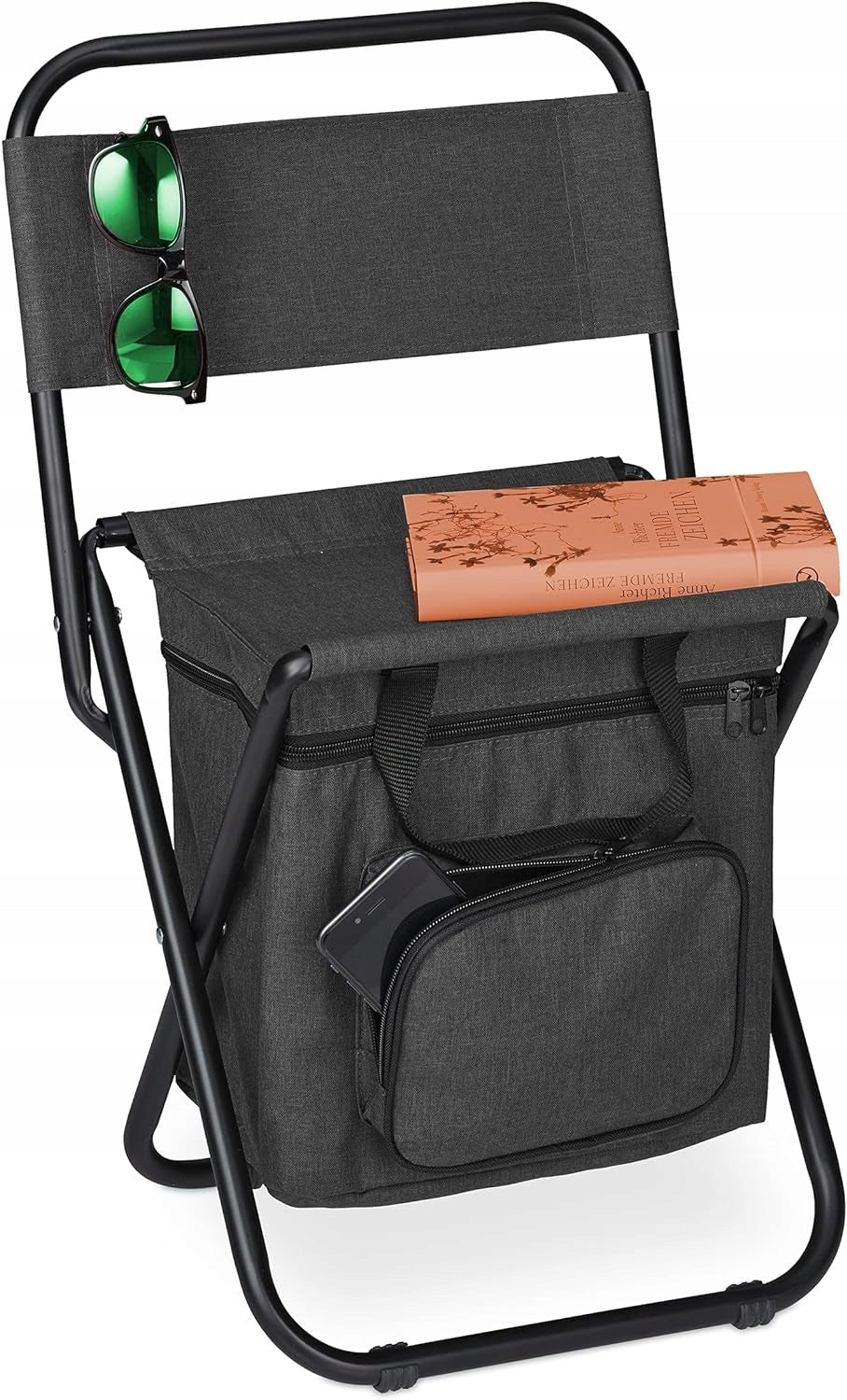 RELAXDAYS FOLDING STOOL HIKING CHAIR BLACK WITH STORAGE UP TO 120KG