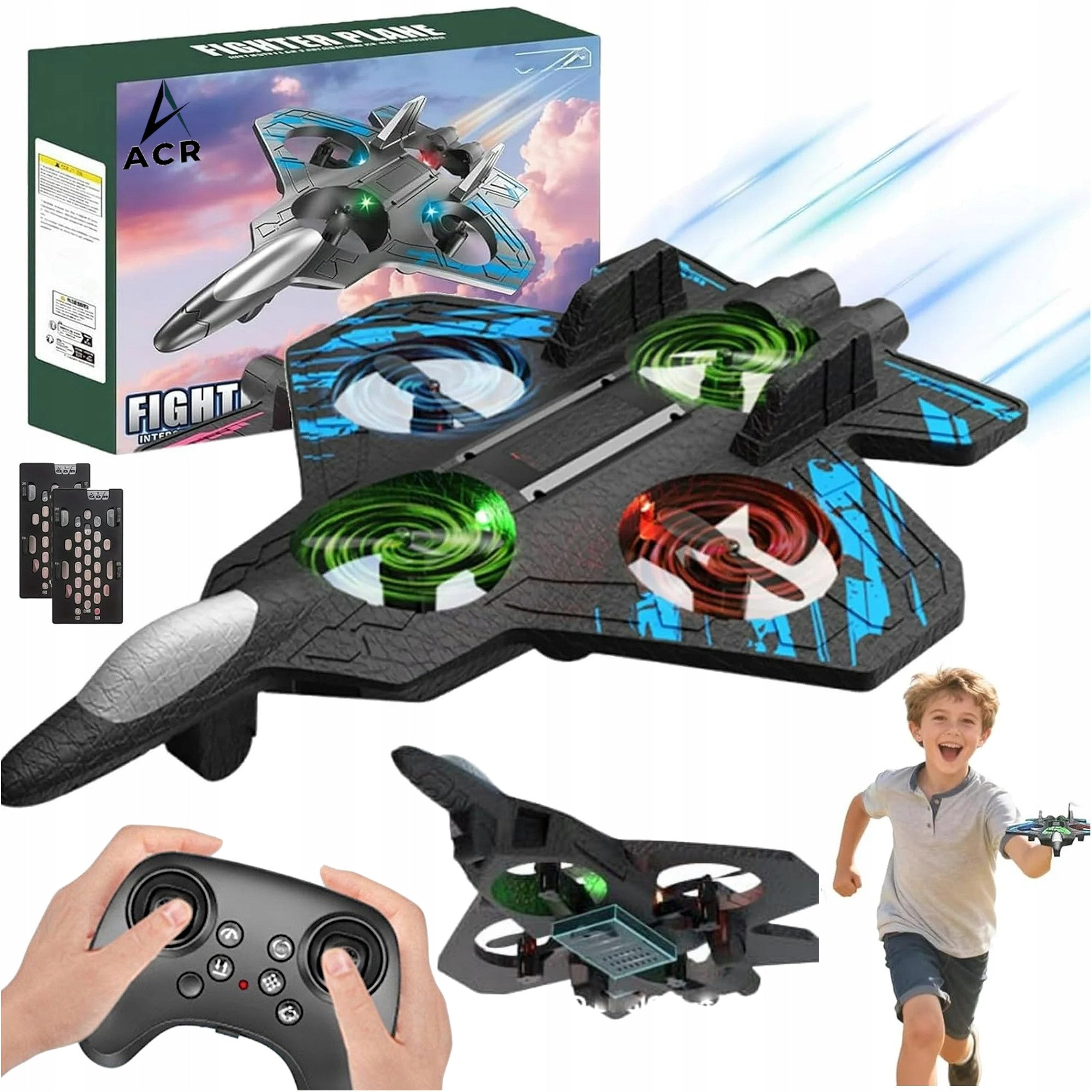 REMOTE CONTROLLED AIRCRAFT DRONE RC MODEL FLYING JET PILOT LED 360 2x aku