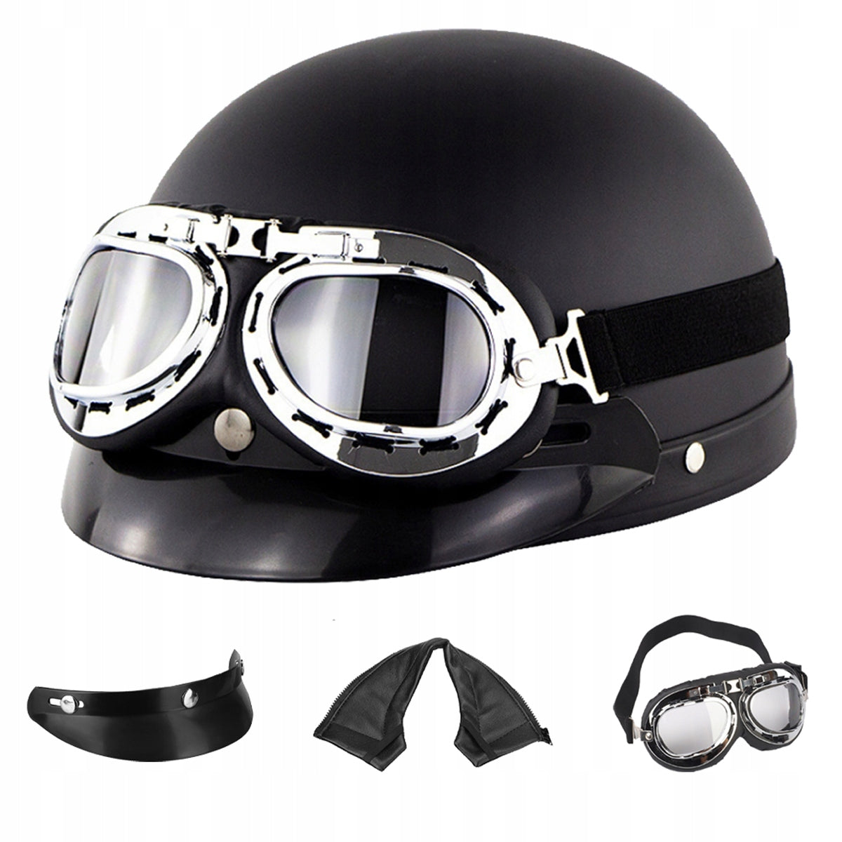 REMOVABLE MOTORCYCLE HELMET HALF FACE SCOOTER HELMET WARM RETRO+ GOGGLES BLACK