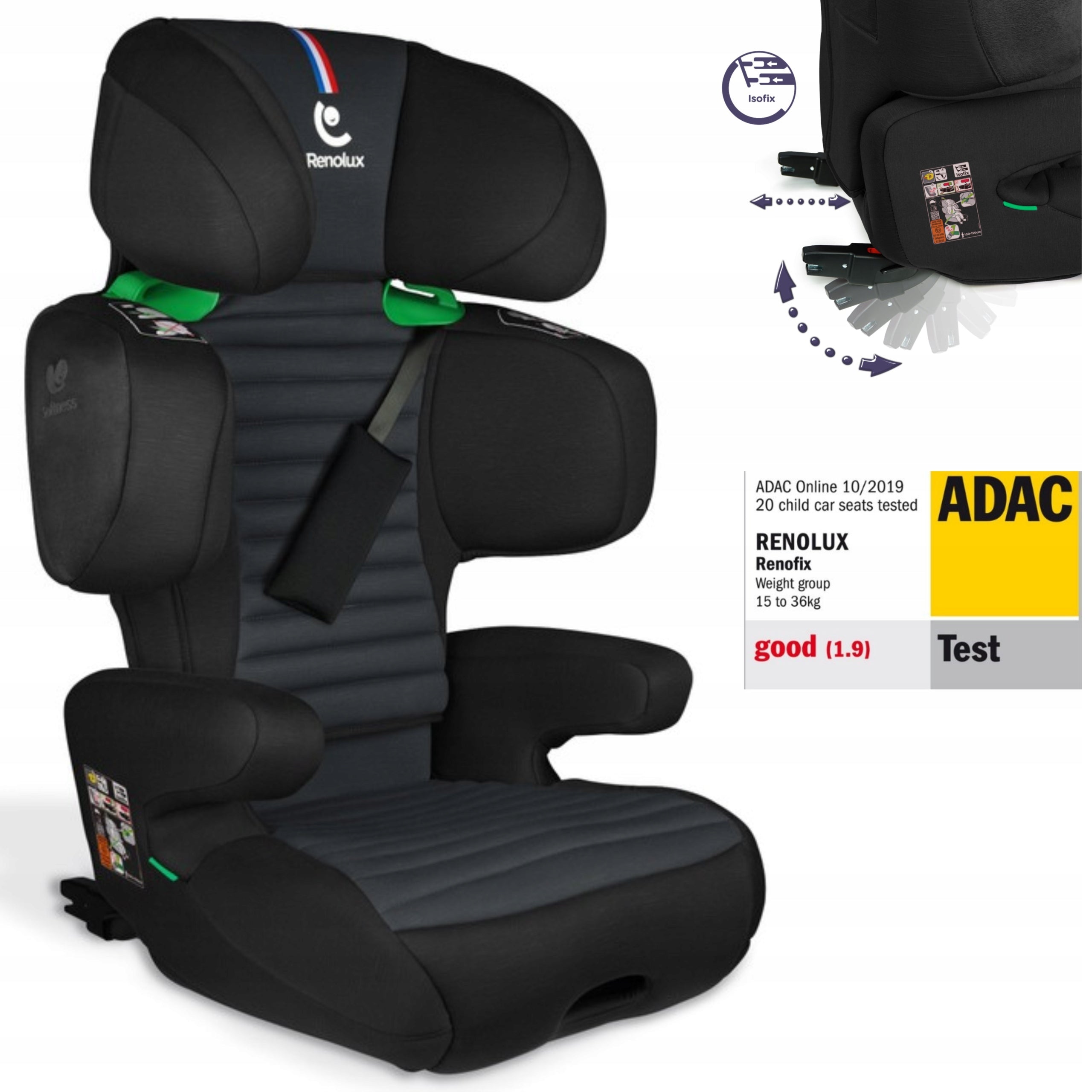 RENOLUX RENOFIX 2 CAR SEAT 15-36KG TEST ADAC Carbon Softness