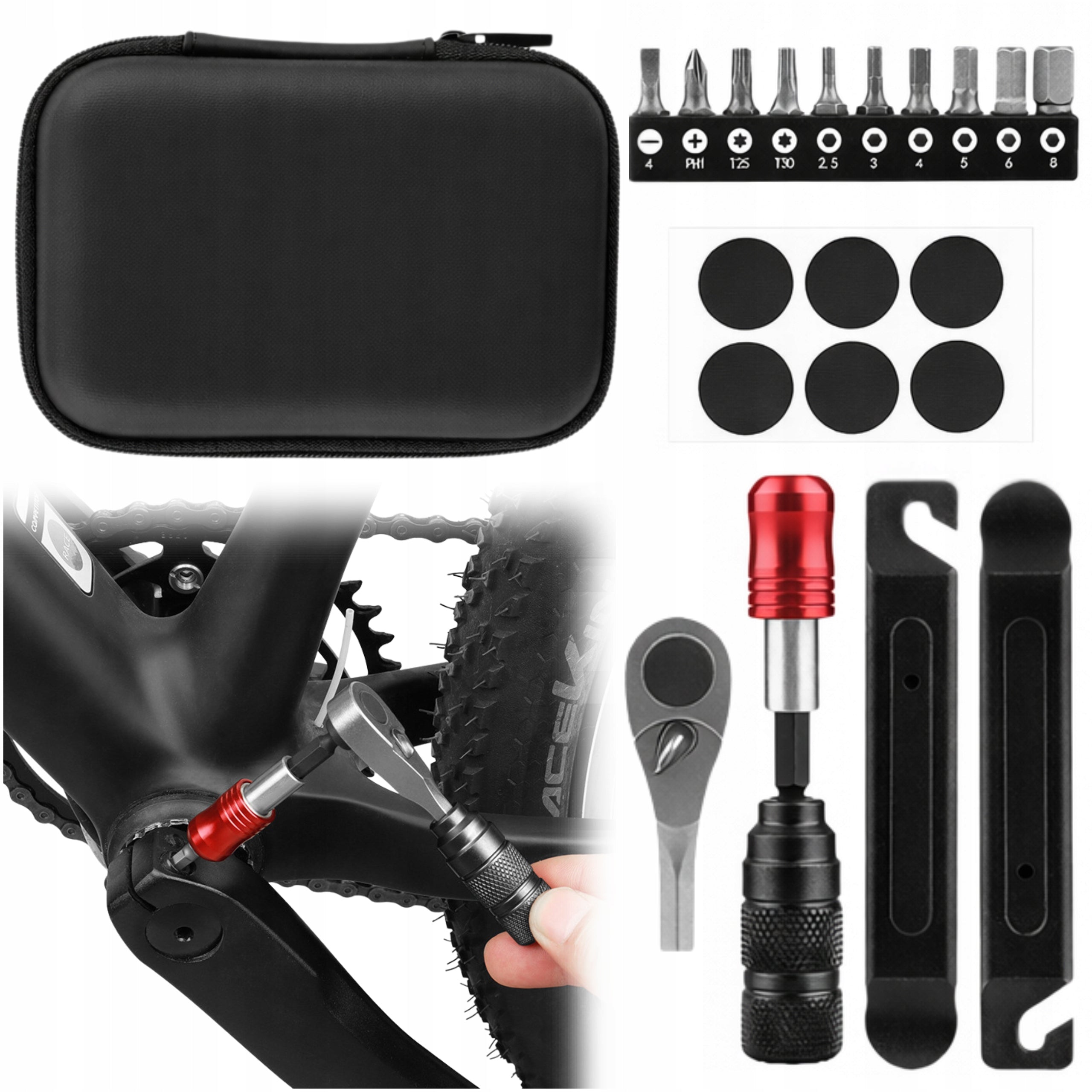 REPAIR TOOL KIT FOR BIKE CASE PATCHES KEYS MULTITOOL SET 7EL