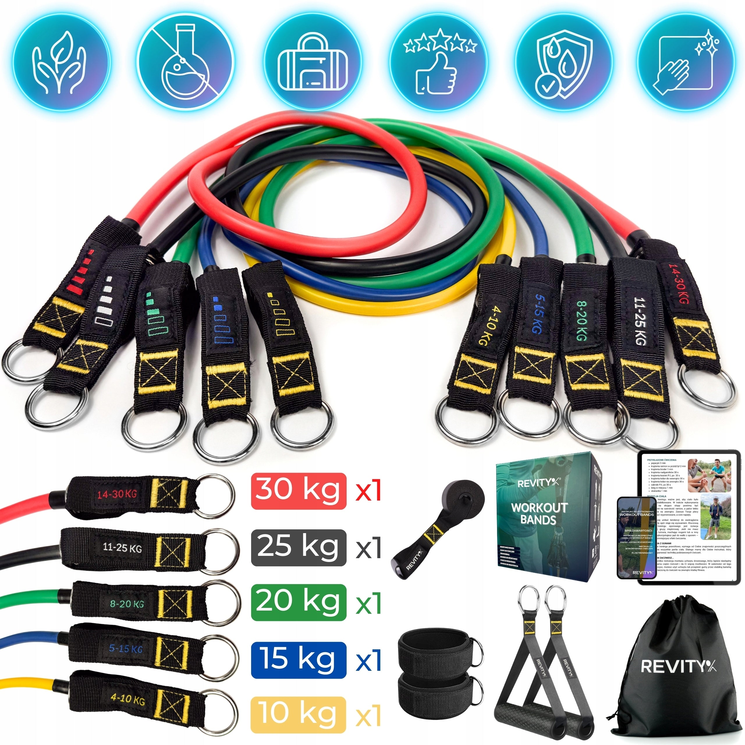 RESISTANCE BANDS FOR EXERCISE WORKOUT BANDS PRO SET UP TO 100 KG HIGH QUALITY Brand Revity