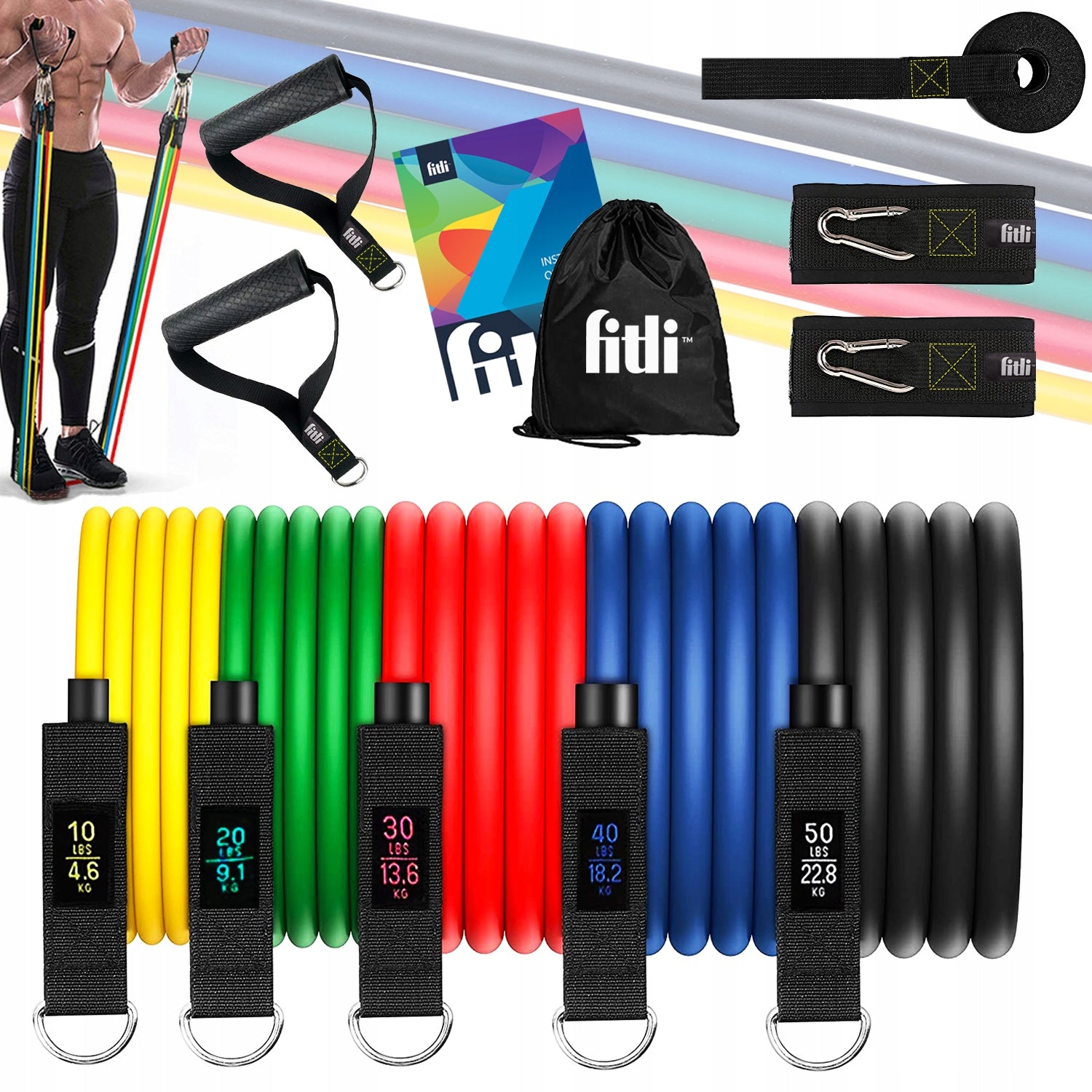 RESISTANCE RUBBER EXERCISE RUBBER SET OF 5 RUBBERS 4,6-68,2KG + HANDLES EXPANDER