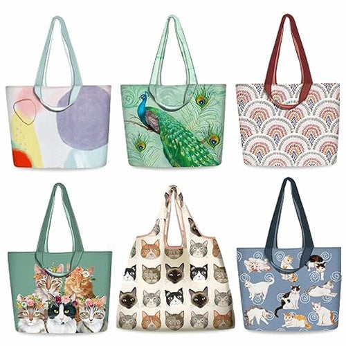 REUSABLE BAGS SET OF 6 CAT PEACOCK POLYESTER ECO-FRIENDLY