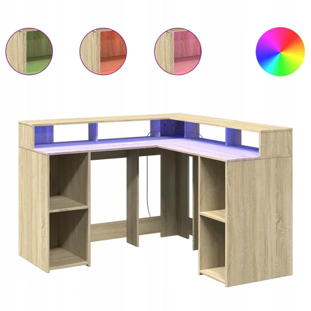 RGB LED Corner Desk, Sonoma Oak, 130x130x91 cm