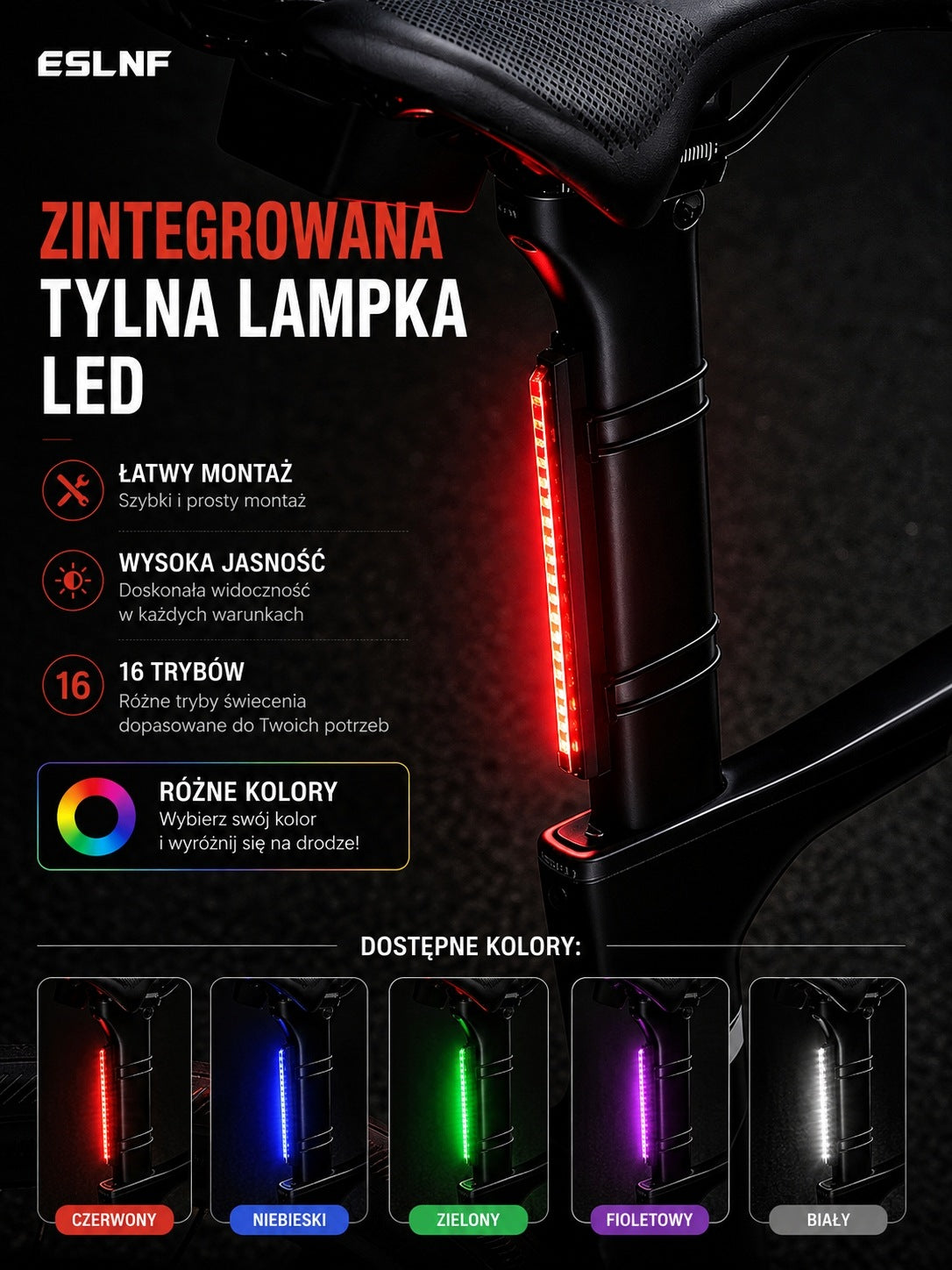 RGB LED REAR BIKE LIGHT -16 LIGHT MODES|USB-C waterproof