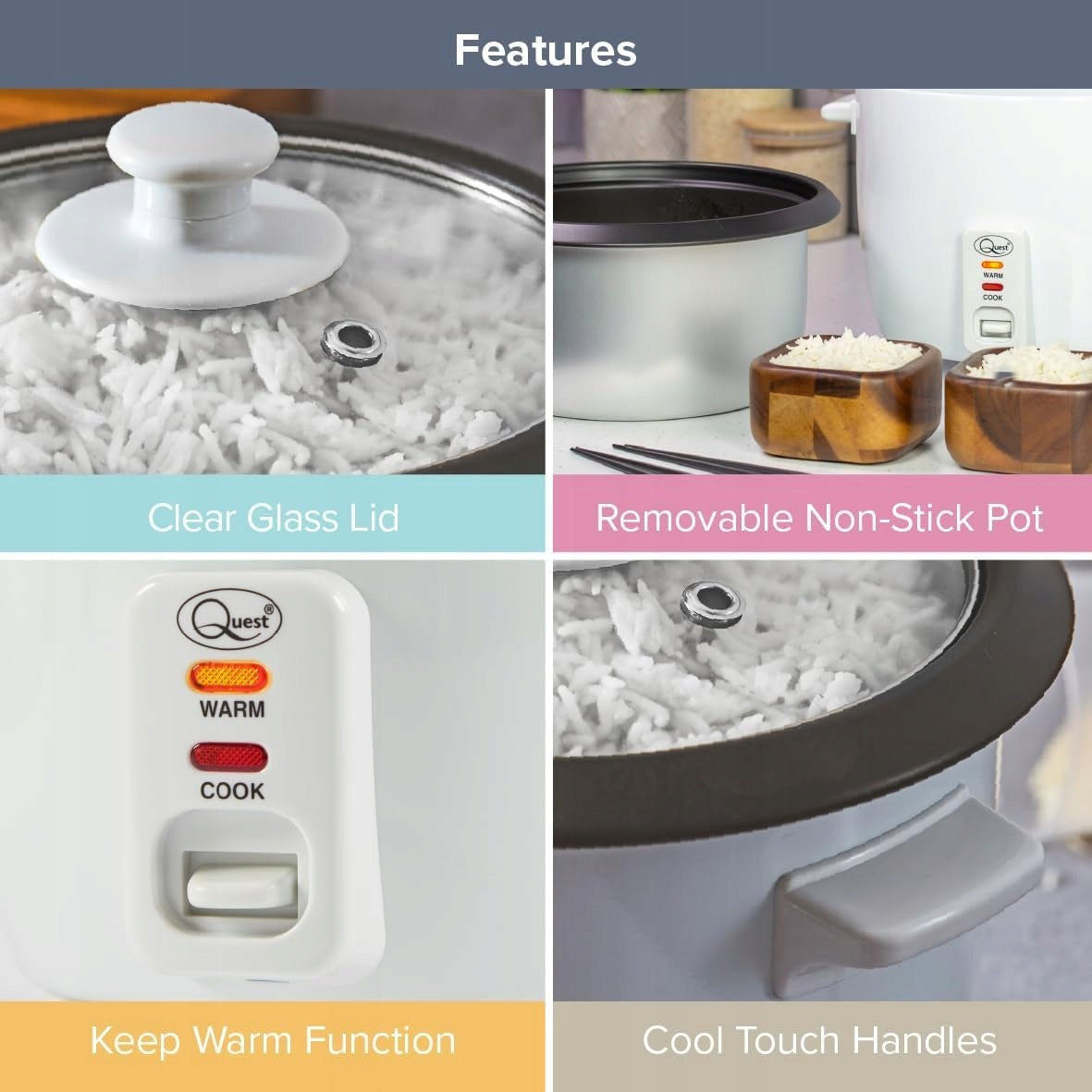 RICE COOKER 2,5 L 900 W WITH GLASS COVER 2,9 KG IDEAL FOR WHOLE PORTIONS Dominant color not applicable