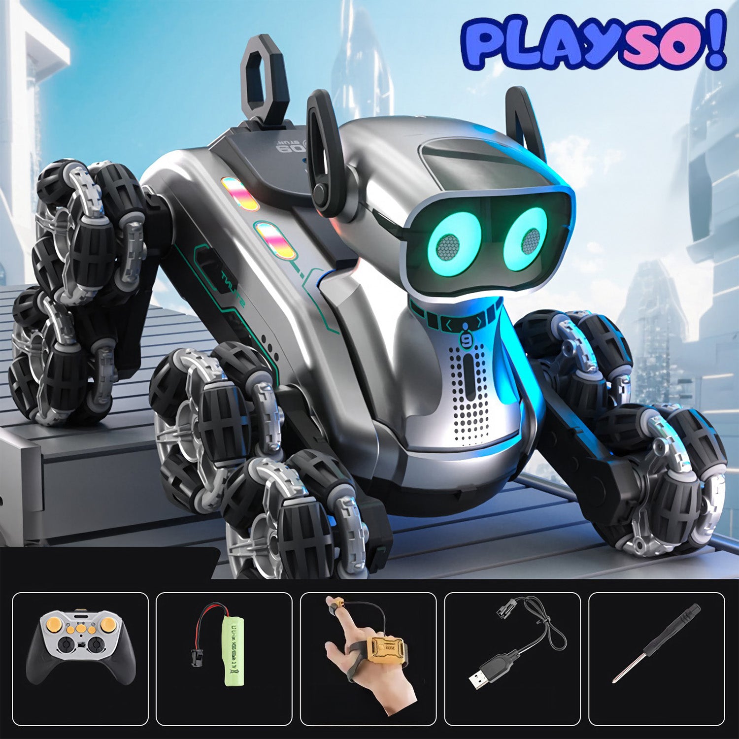 ROBOT DOG FOR REMOTE CONTROL AND GESTURES REMOTE CONTROLLED INTERACTIVE 8 WHEELS STUNTS Product weight with unit packaging 0.925 kg