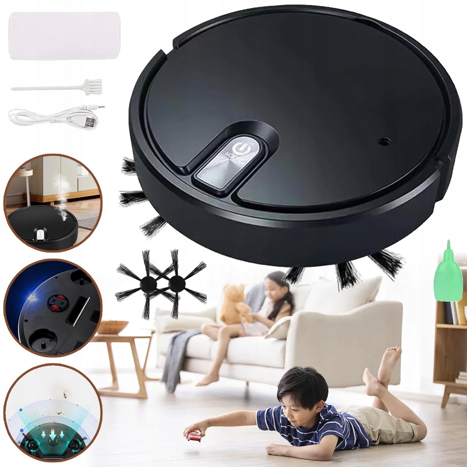 ROBOT VACUUM CLEANER, SUCTION MOTOR 1500PA, 2 SIDE BRUSHES, FOR SCRUBBING