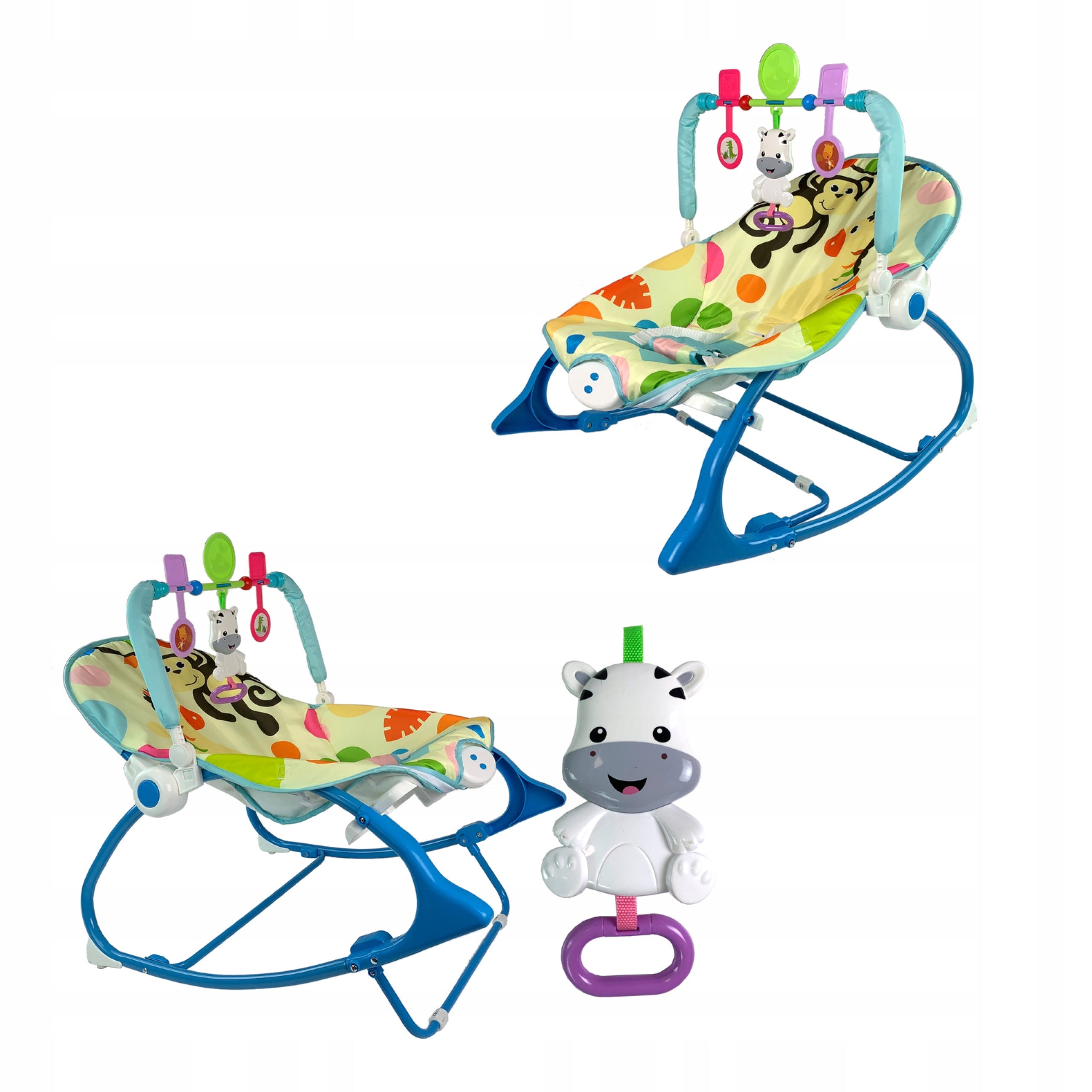 ROCKER CRADLE HIGH CHAIR 2IN1 BLUE ZEBRA SOUNDS VIBRATION