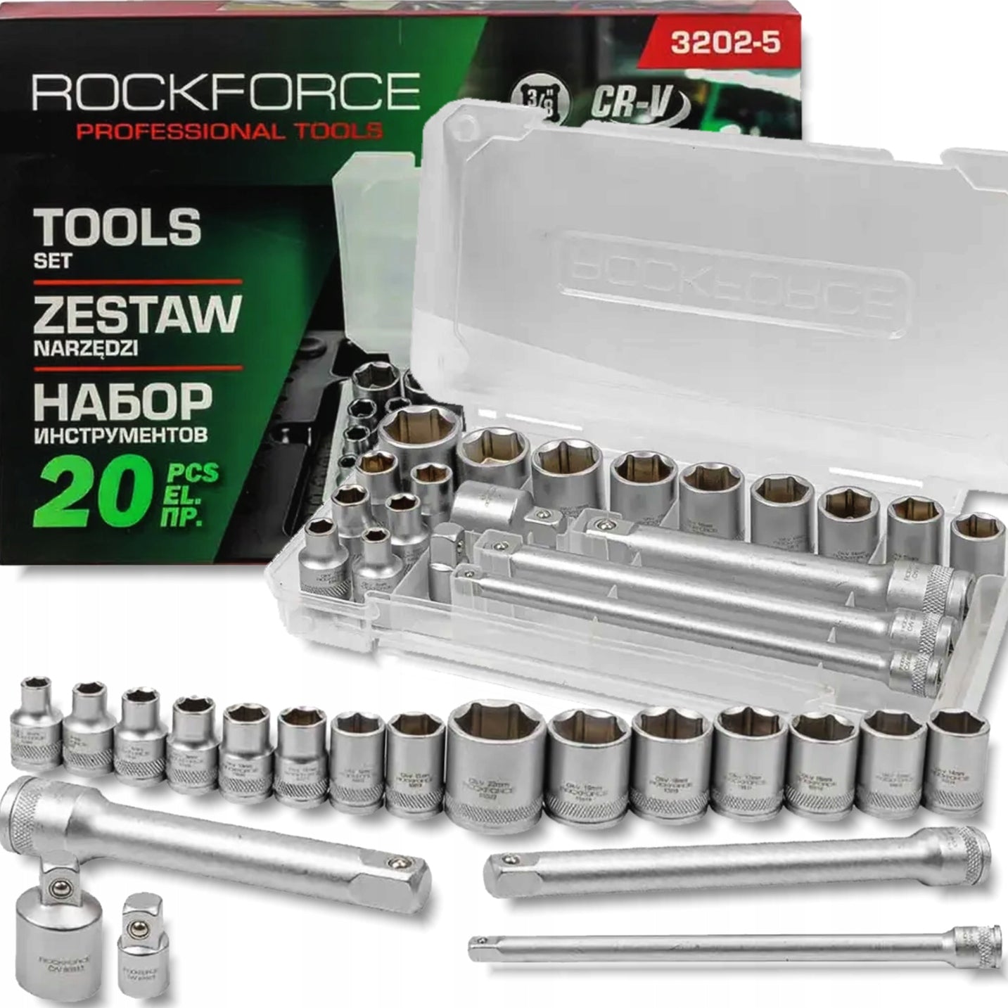 ROCKFORCE 3/8" 20 el Socket TOOL Set with Adapters and Extensions