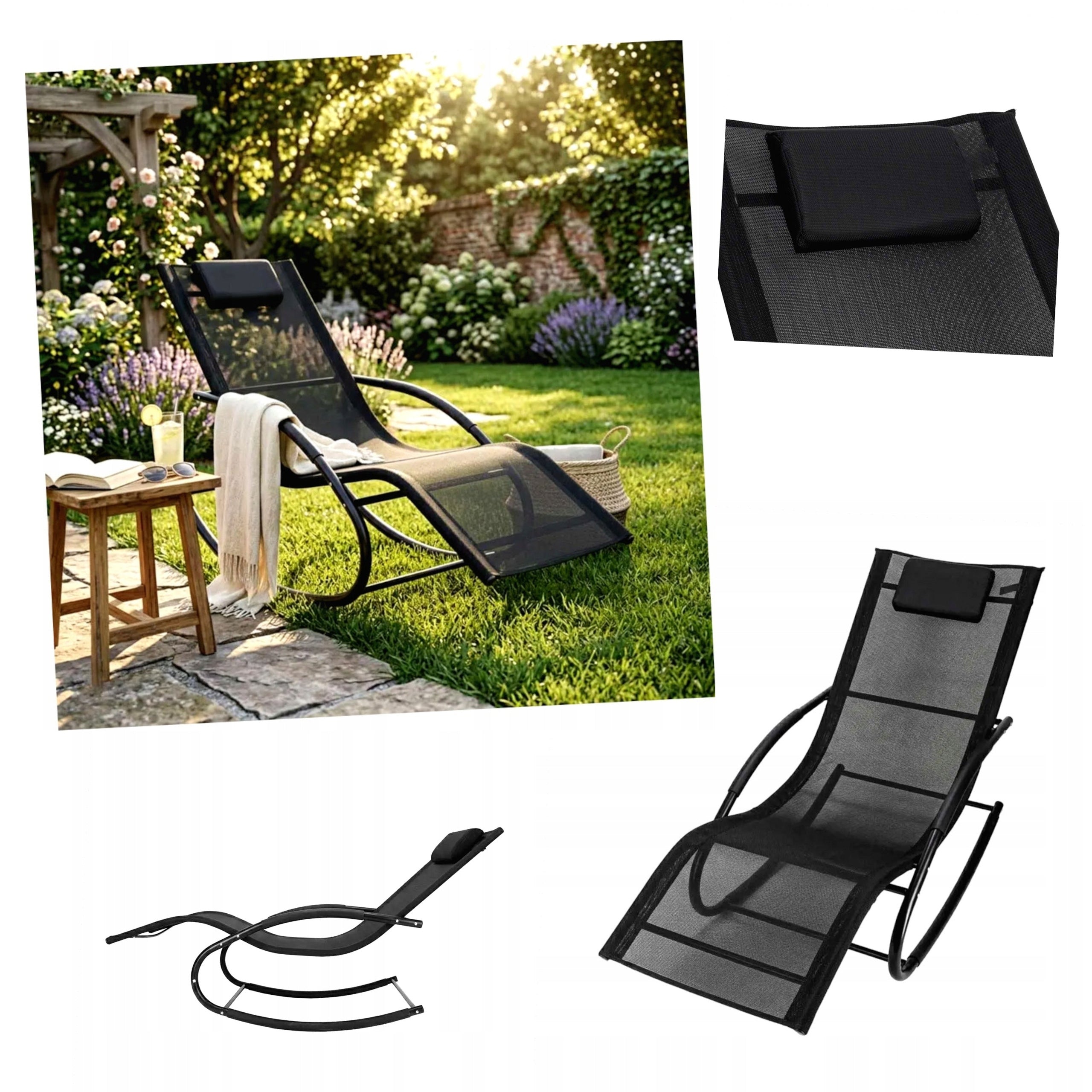 ROCKING GARDEN SUN LOUNGER WITH HEADREST AND ARMRESTS Waterproof BLACK