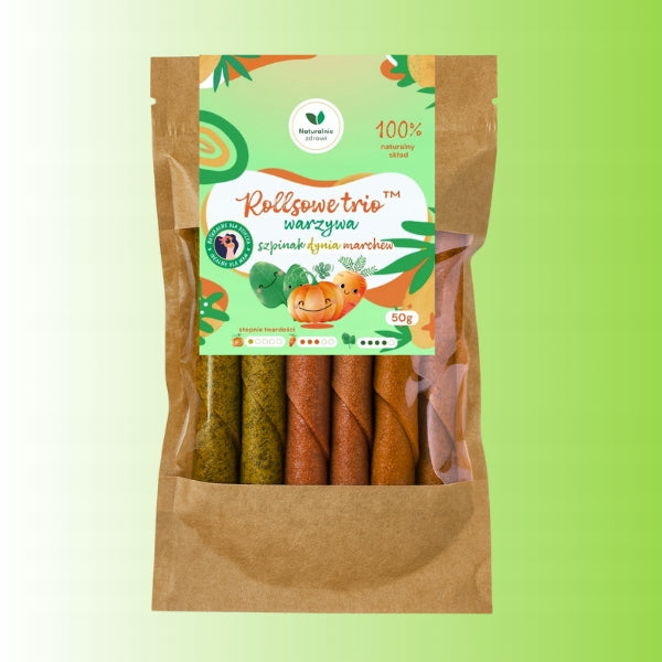 ROLLSY VEGETABLE SNACKS 3 FLAVORS SPINACH PUMPKIN CARROT 50g Packaging status original