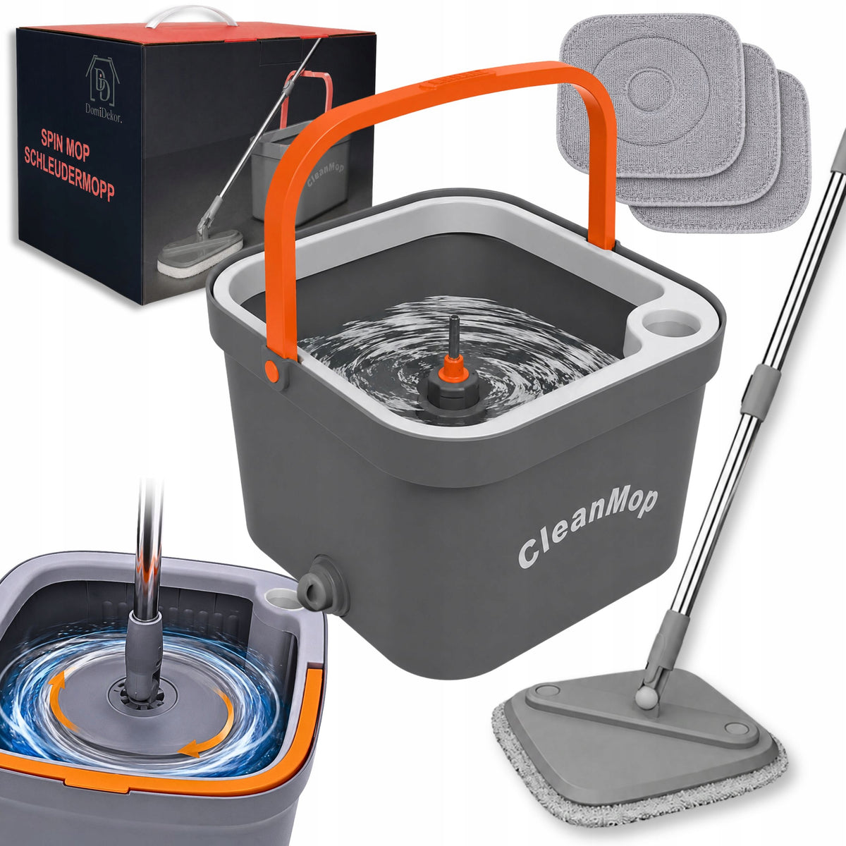 ROTARY MOP FLAT TWO-CHAMBER BUCKET SEPARATION OF DIRTY WATER + 3 CARTRIDGES