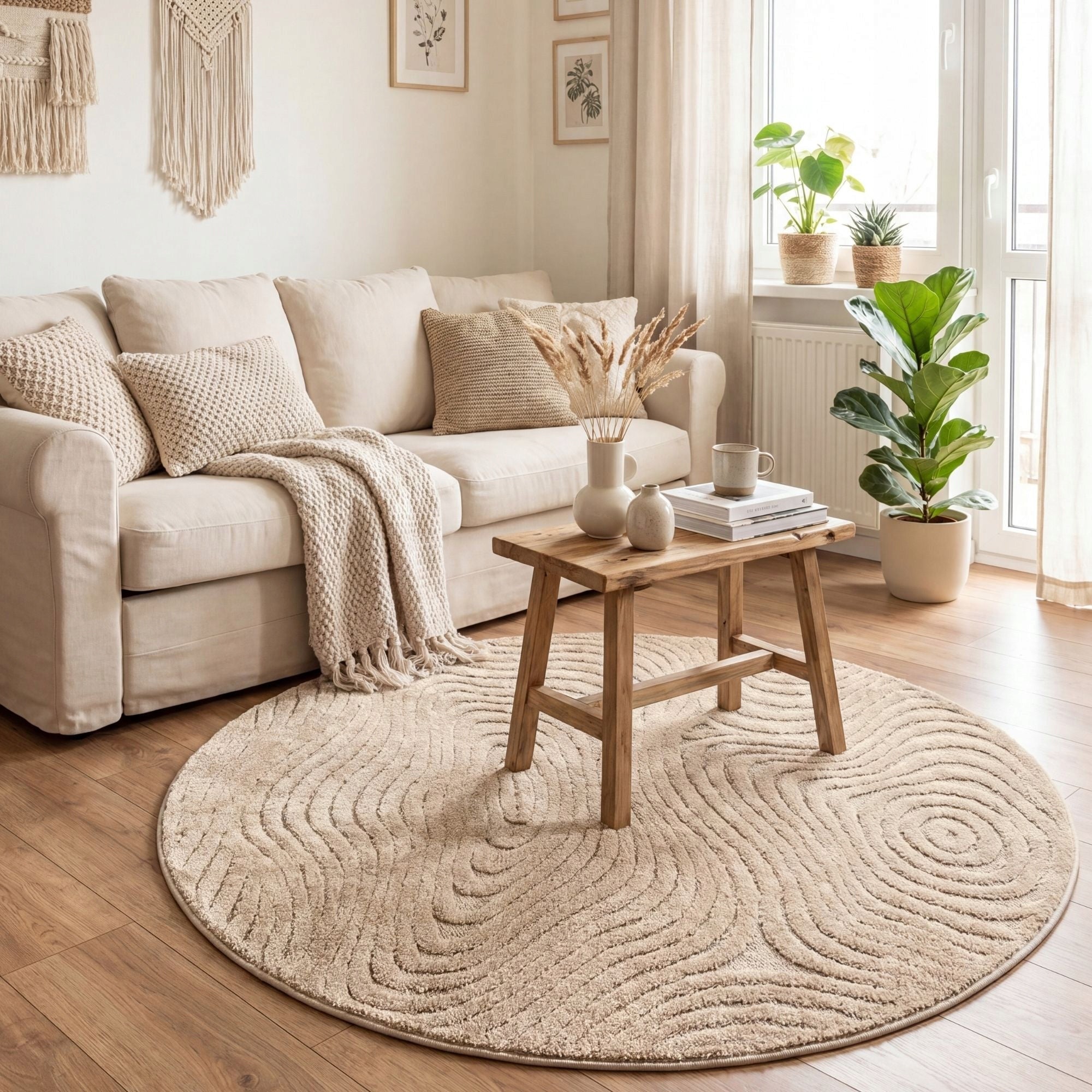 ROUND CARPET 120cm for Living Room for Bedroom BOHO Modern Two-Tier Beige Packaging status original
