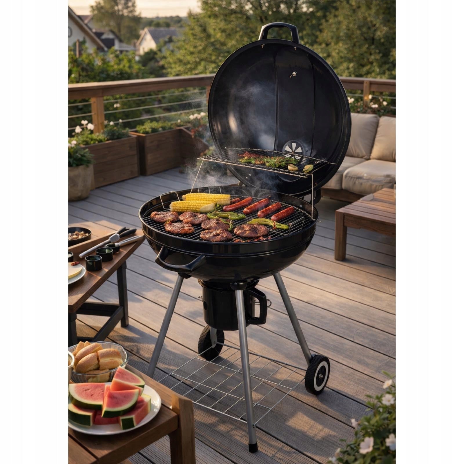 ROUND CHARCOAL GARDEN GRILL WITH LID WITH GRATE THERMOMETER BLACK LIDO Grate width 55 cm