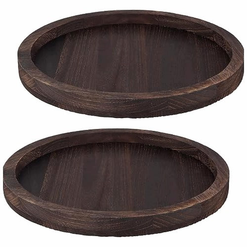 ROUND WOODEN SERVING TRAY BROWN DECORATIVE 32 CM 2 PCS.