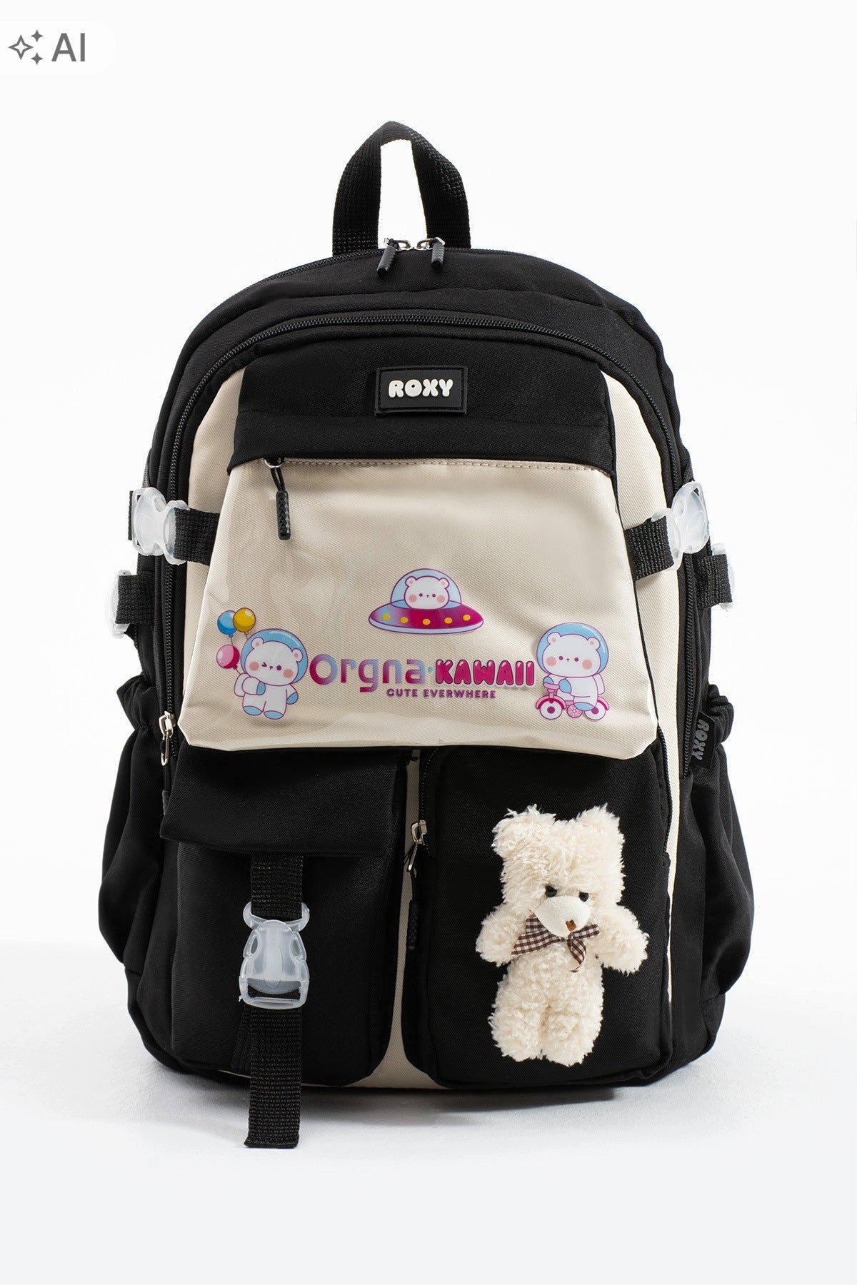ROXY BLACK MULTI-CHAMBER SCHOOL BACKPACK WITH 5IA TEDDY BEAR