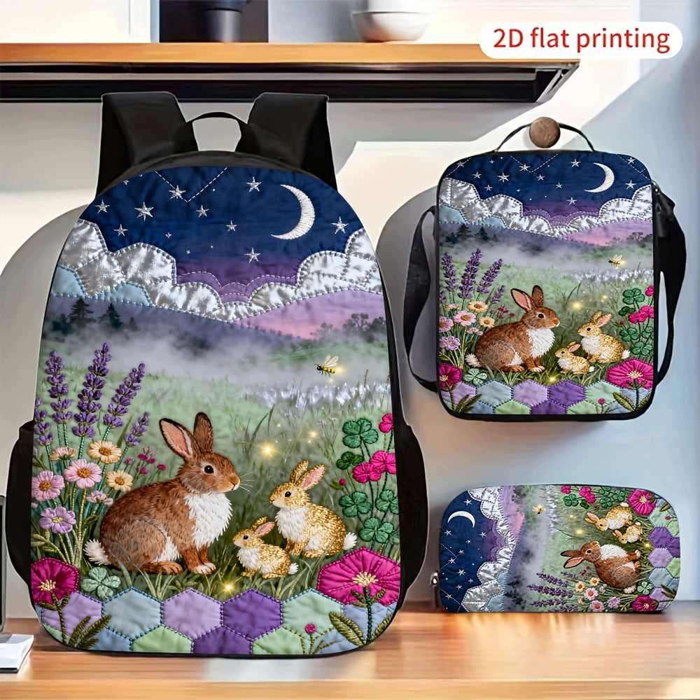 Rabbit and Crescent Moon Backpack Set with Crossbody Bag and Pencil Pouch