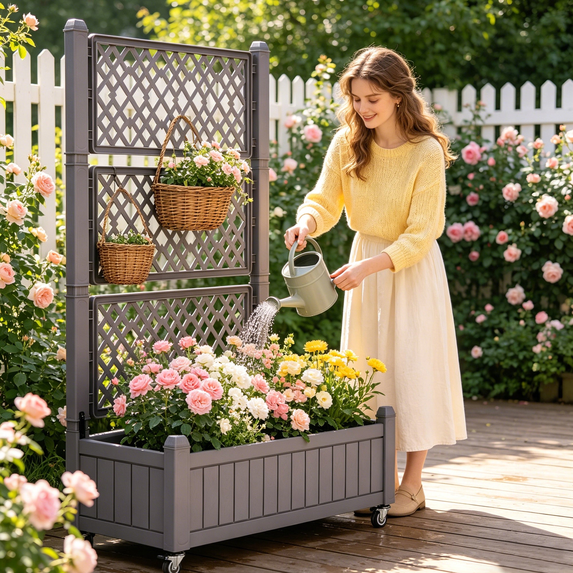 Raised Bed, Garden Vegetable Box, with Trellis 108.5x44x155cm, 80L, Brown Color brown