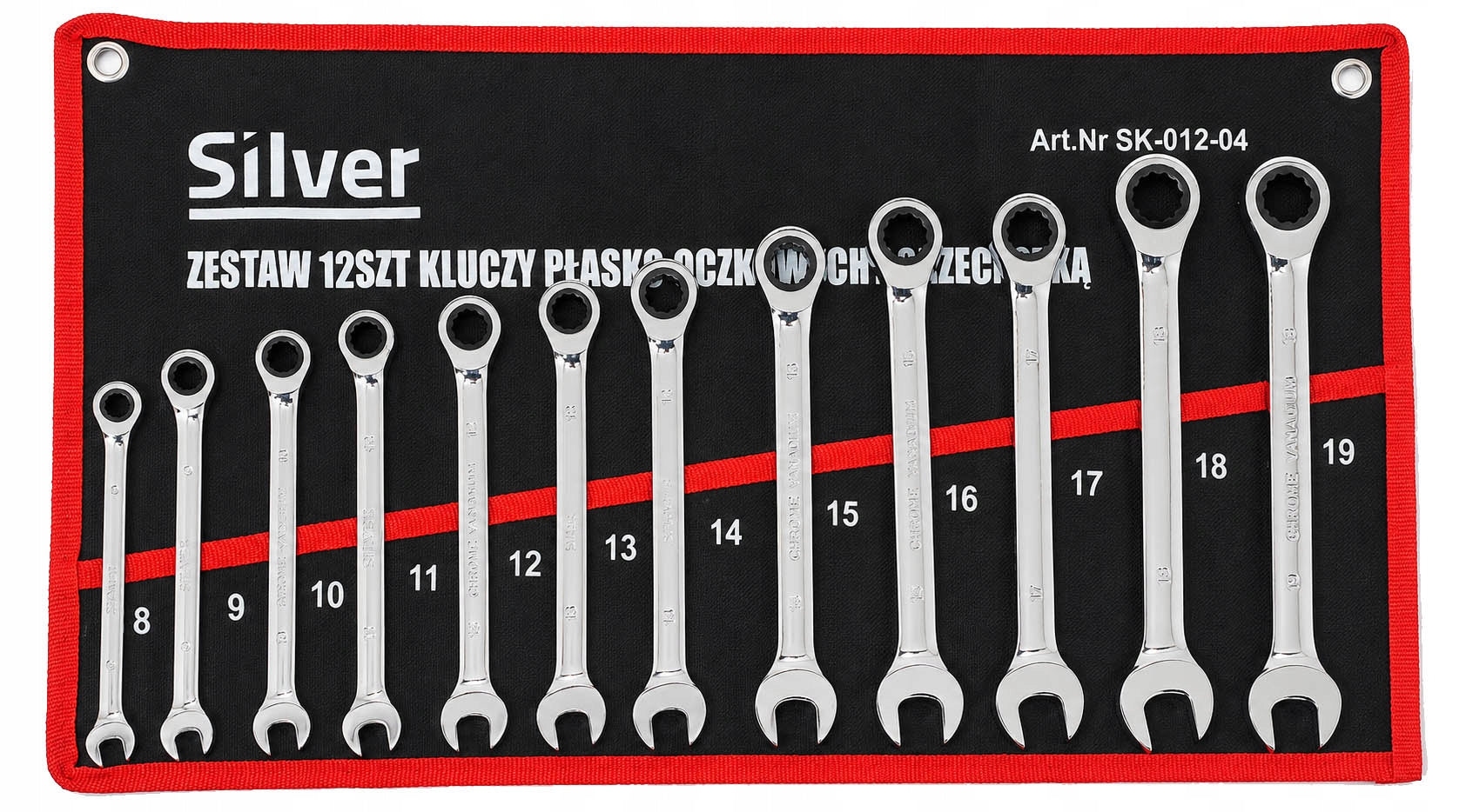 Ratcheting flat-eye wrenches 12 elements 8 to 19 mm