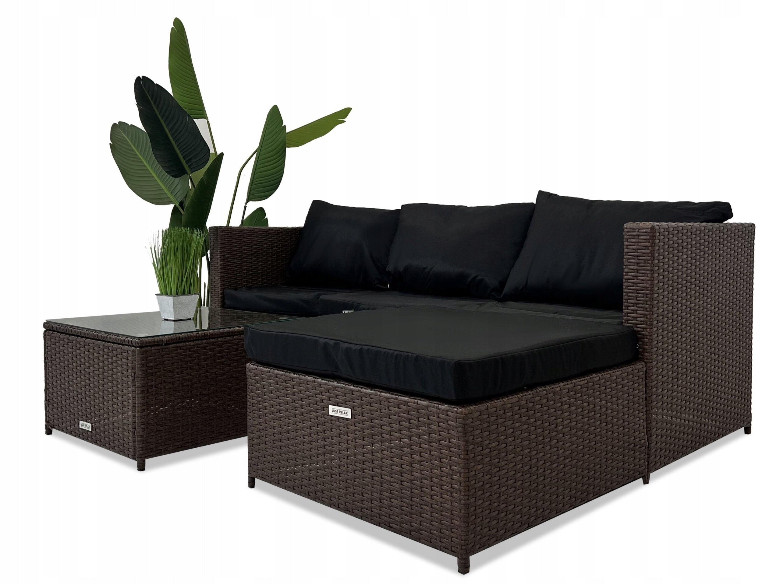 Rattan Garden Furniture Set SOFA CORNER Left/Right BROWN Set contents armchair corner sofa low coffee table step pouf table end table