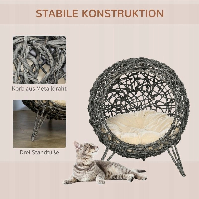 Rattan cat booth, with pillow, raised, grey, Ø52×58 cm Product width 50 cm