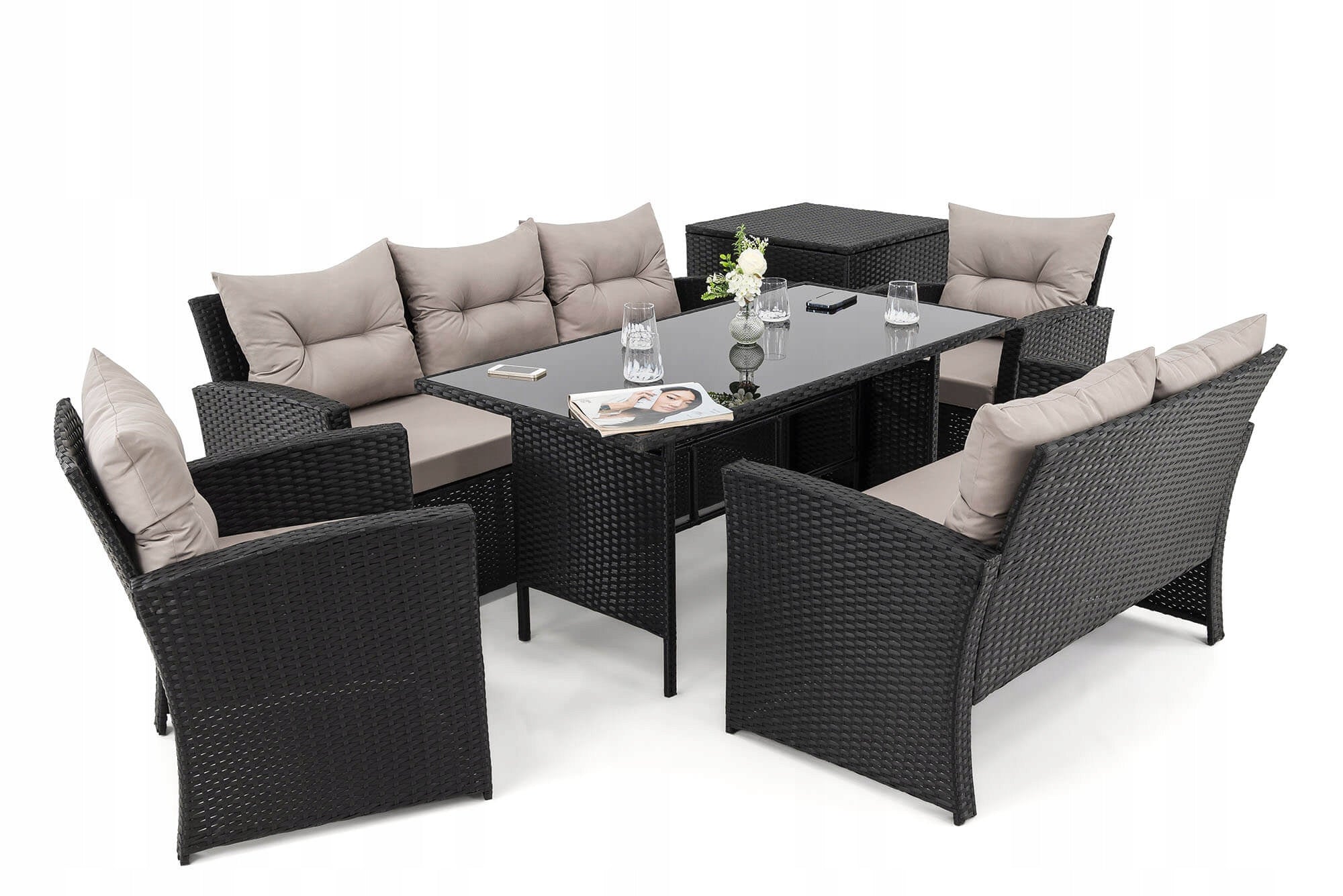 Rattan garden set MARSEILLE BIG black cushions grey 03 Main material synthetic rattan