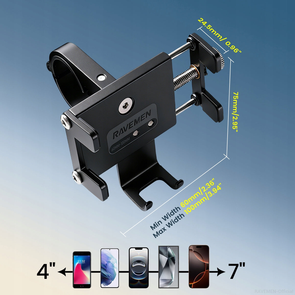 Ravemen Phone Holder 4-7'', Aluminium 6066, Anti-Vibration 20-35mm Brand Ravemen