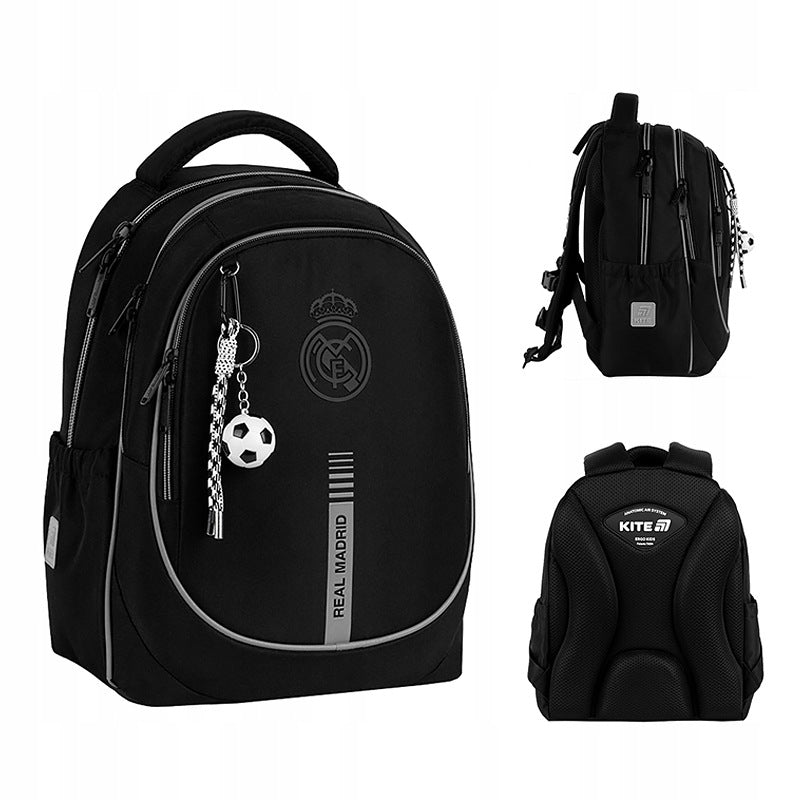 Real Madrid School Backpack Orthopedic Black for Boys Keychain Kite