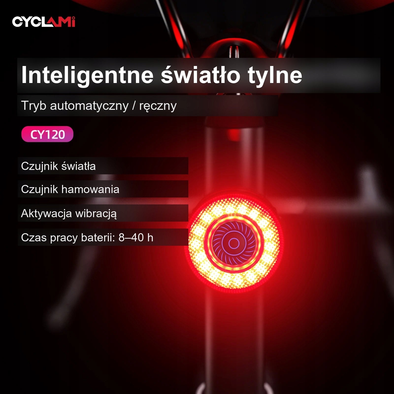 Rear Bike Light CYCLAMI CY120 Stop USB IP65 Packaging status original