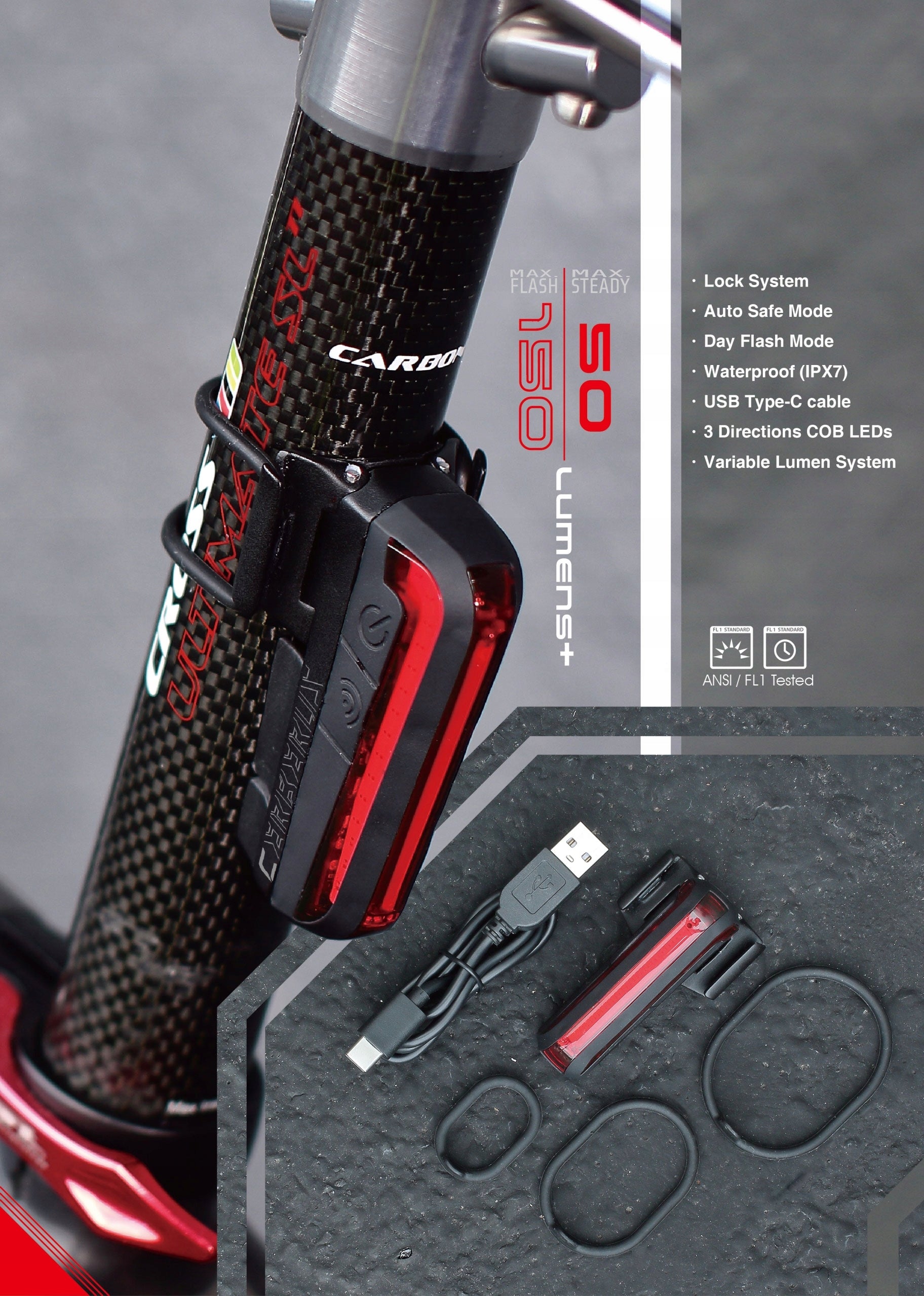 Rear bicycle light MOON CERBERUS 150lm Kind rear-facing
