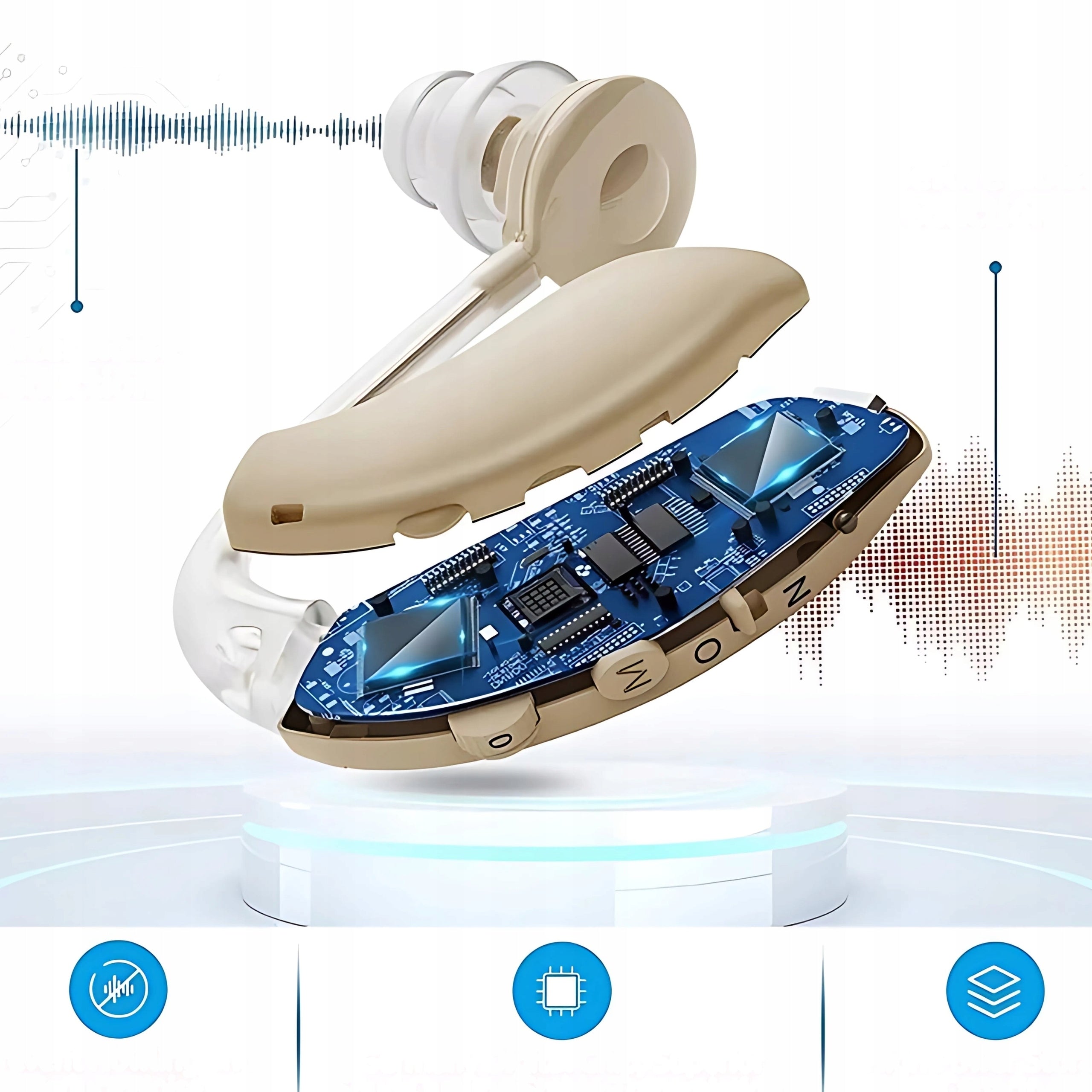 Rechargeable Behind-the-Bear Body Hearing Aid with Case and 4 Overlays Packaging status original