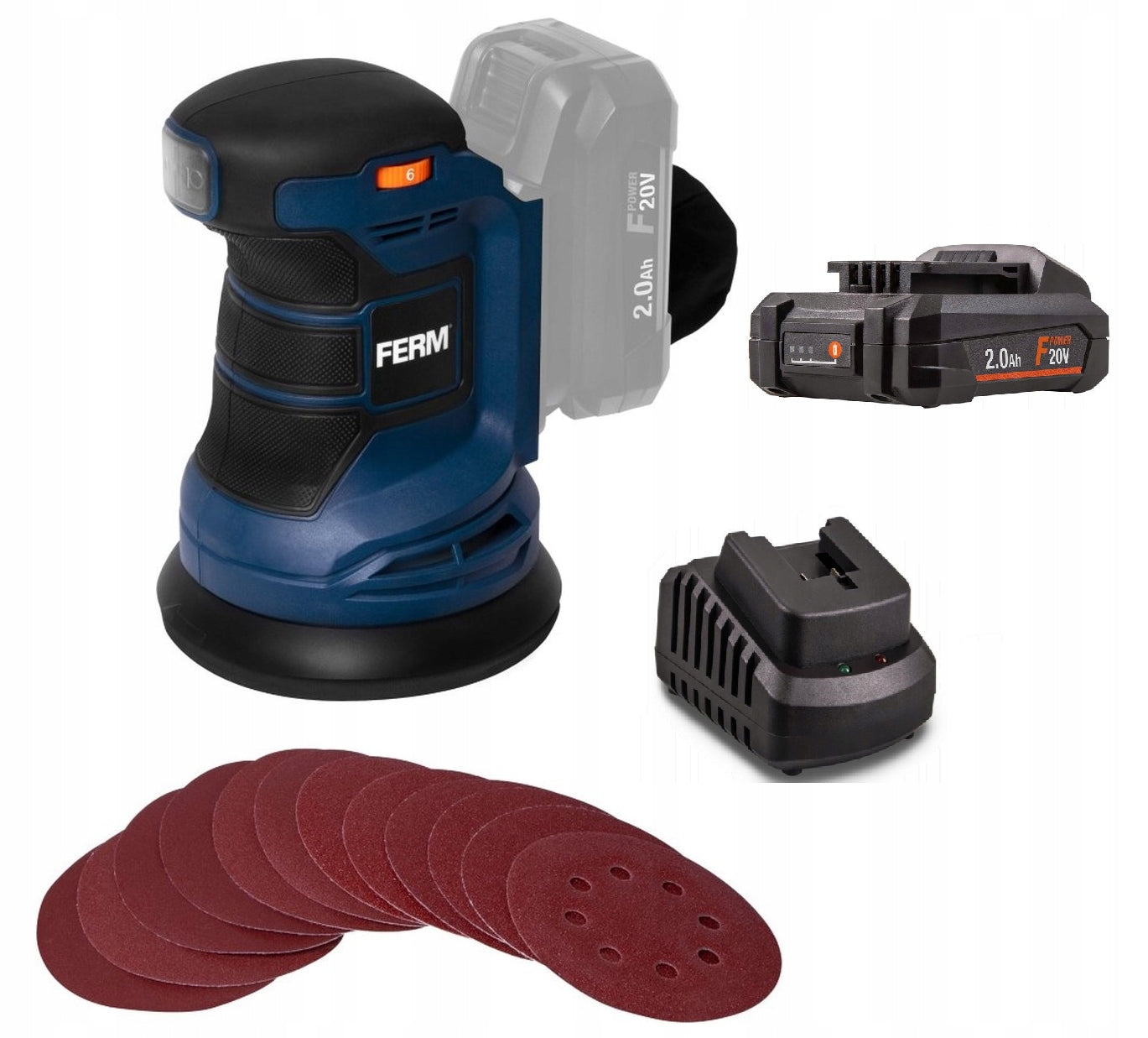 Rechargeable Eccentric Grinder FERM 125mm 20v + BATTERY + Charge