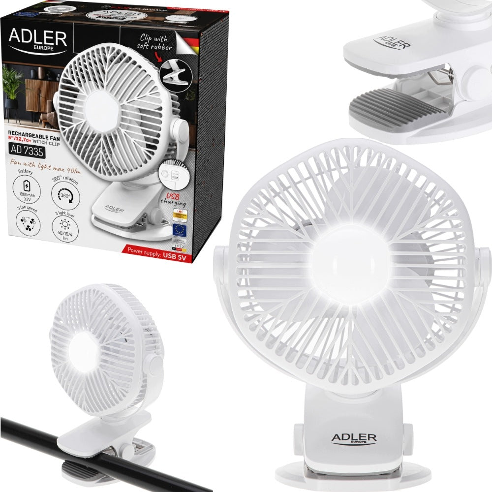 Rechargeable Fan ADLER AD 7335 USB LED With Clip Diameter 12,7cm Packaging status original