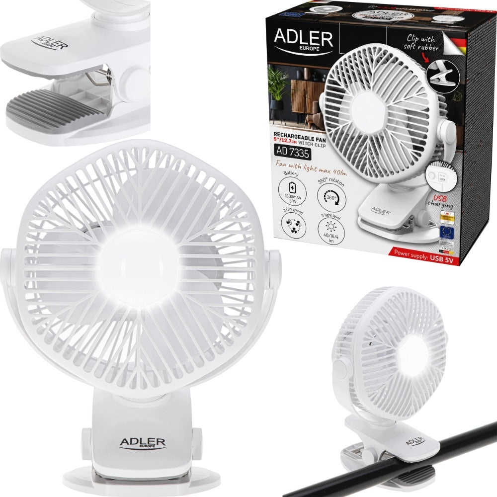 Rechargeable Fan ADLER AD 7335 USB LED With Clip Diameter 12,7cm